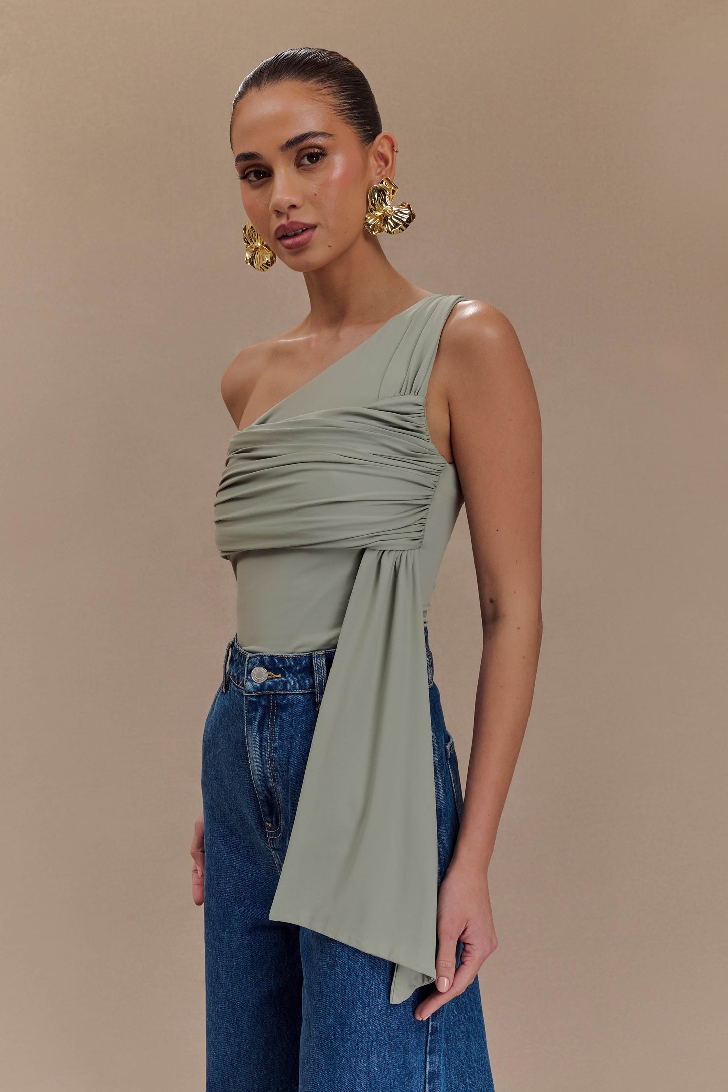 Sera One Shoulder Recycled Nylon Top With Drape - Basil