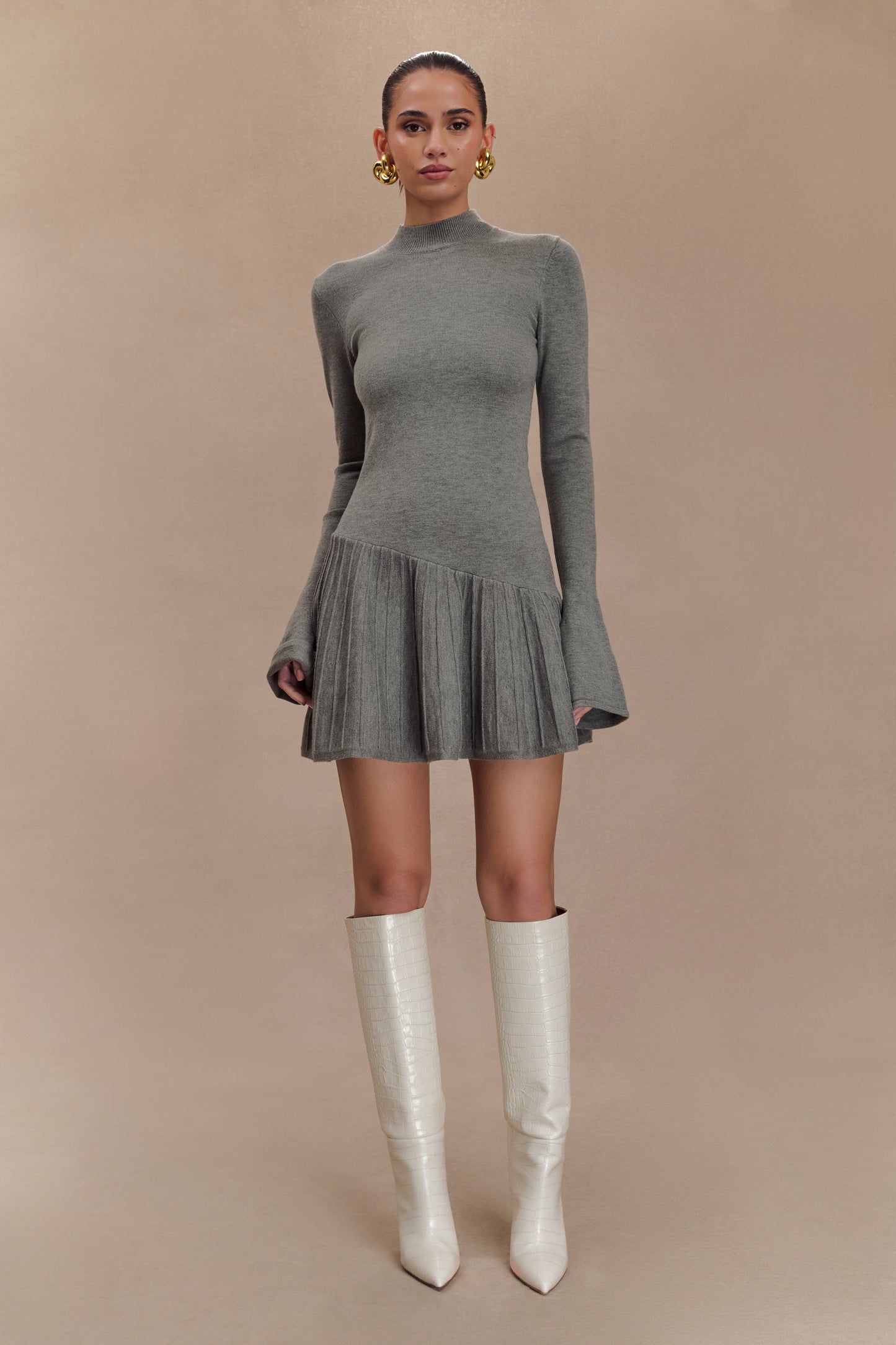 Blair Knit Mini Dress With Pleats - Charcoal