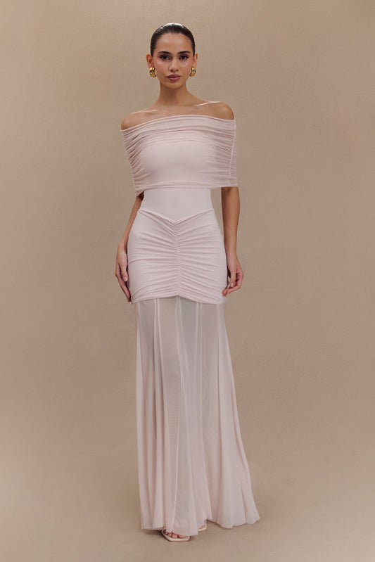 Caspian Slinky And Mesh Off Shoulder Maxi Dress - Pale Pink