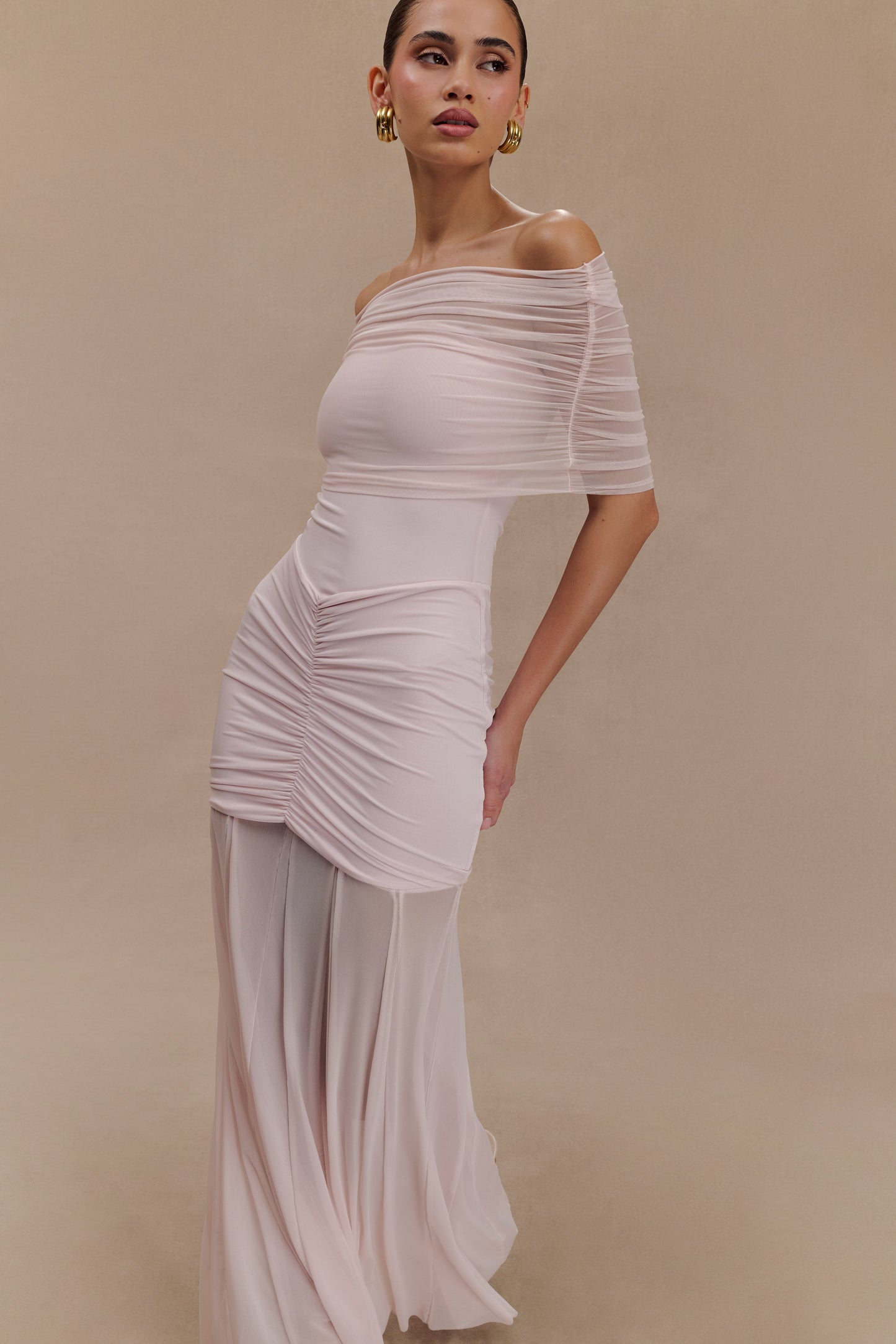 Caspian Slinky And Mesh Off Shoulder Maxi Dress - Pale Pink