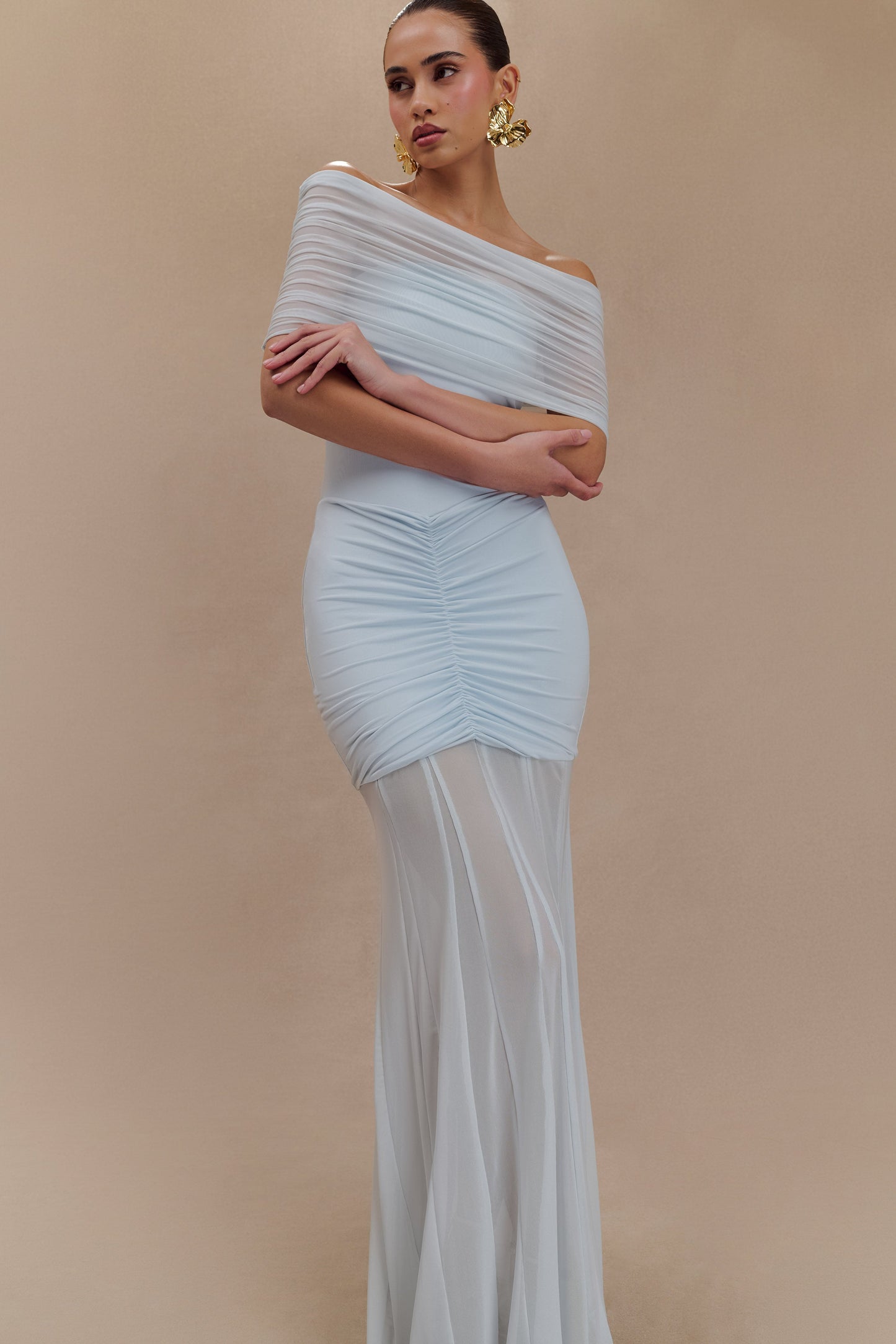 Caspian Slinky And Mesh Off Shoulder Maxi Dress - Pale Blue