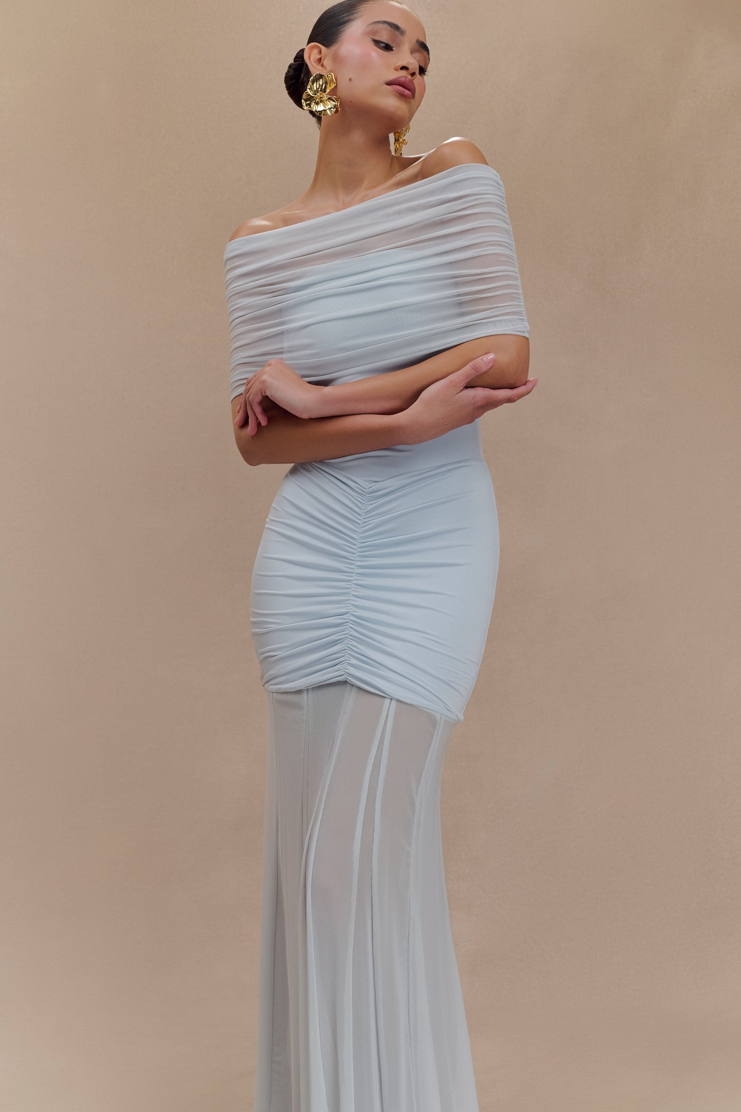 Caspian Slinky And Mesh Off Shoulder Maxi Dress - Pale Blue