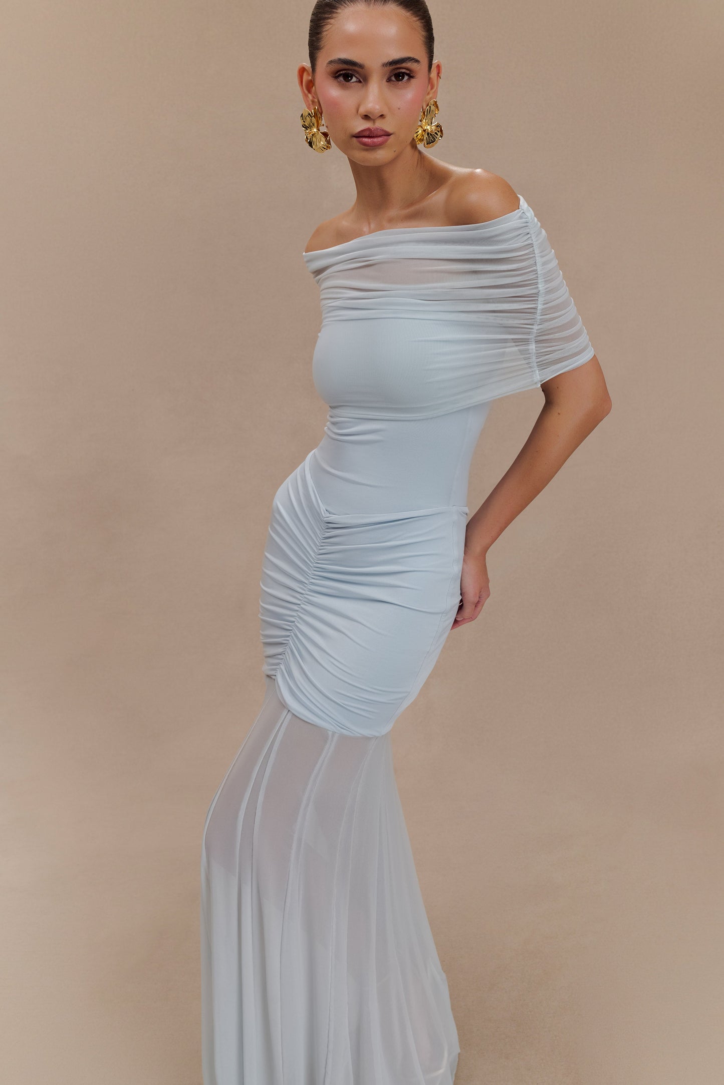 Caspian Slinky And Mesh Off Shoulder Maxi Dress - Pale Blue