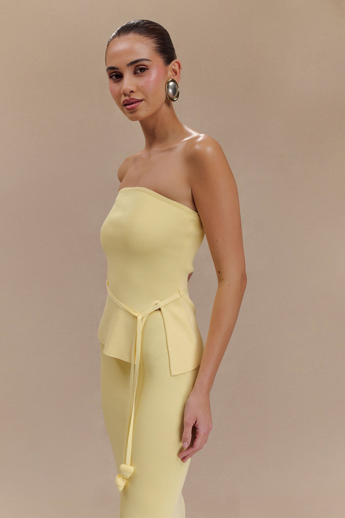 Keaton Strapless Rose Tie Knit Top - Lemon