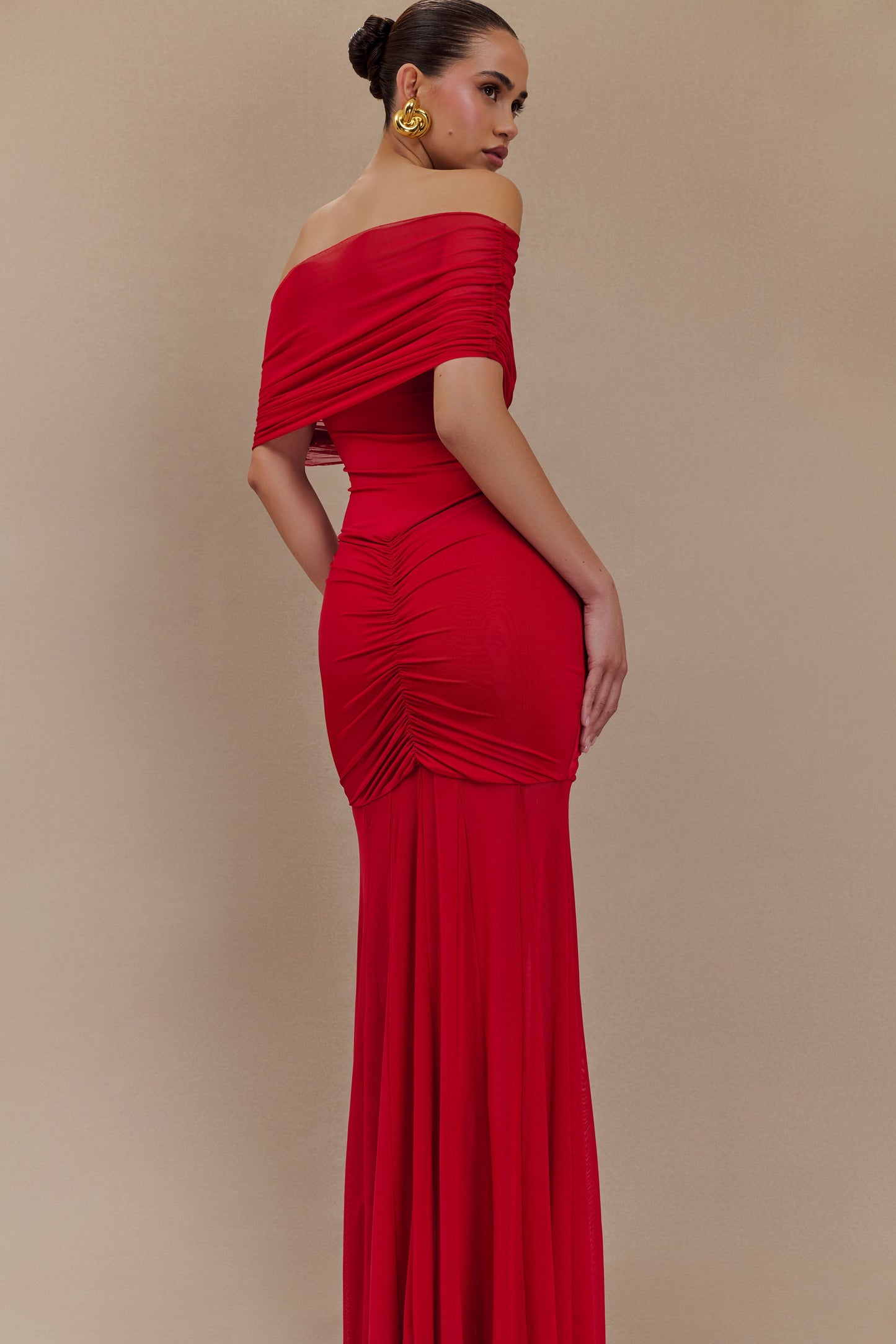 Caspian Slinky And Mesh Off Shoulder Maxi Dress - Ruby Red