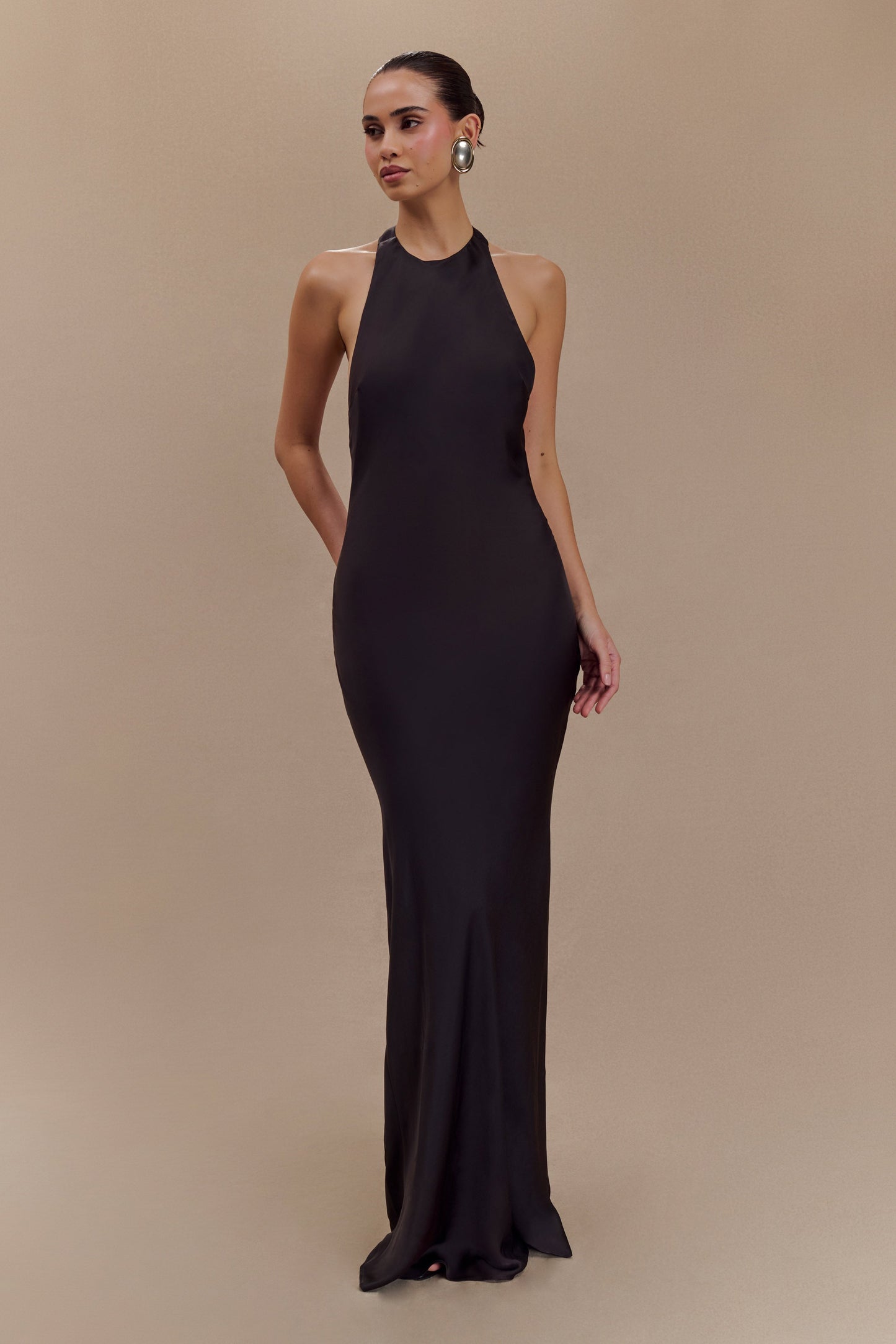 Rinna Satin Halter Maxi Dress - Black