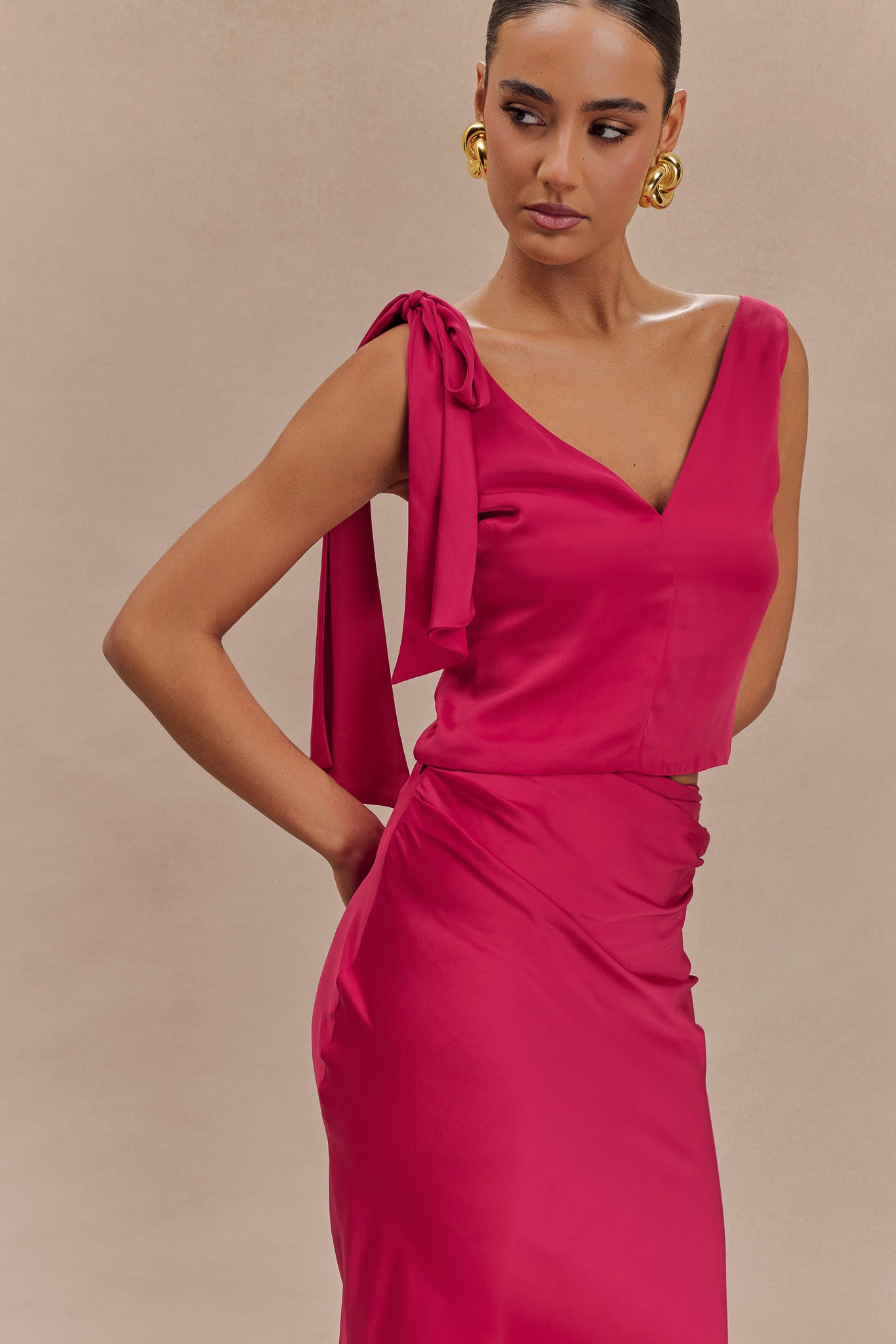 Nicola Satin Tie Sleeveless Top - Pink Cherry