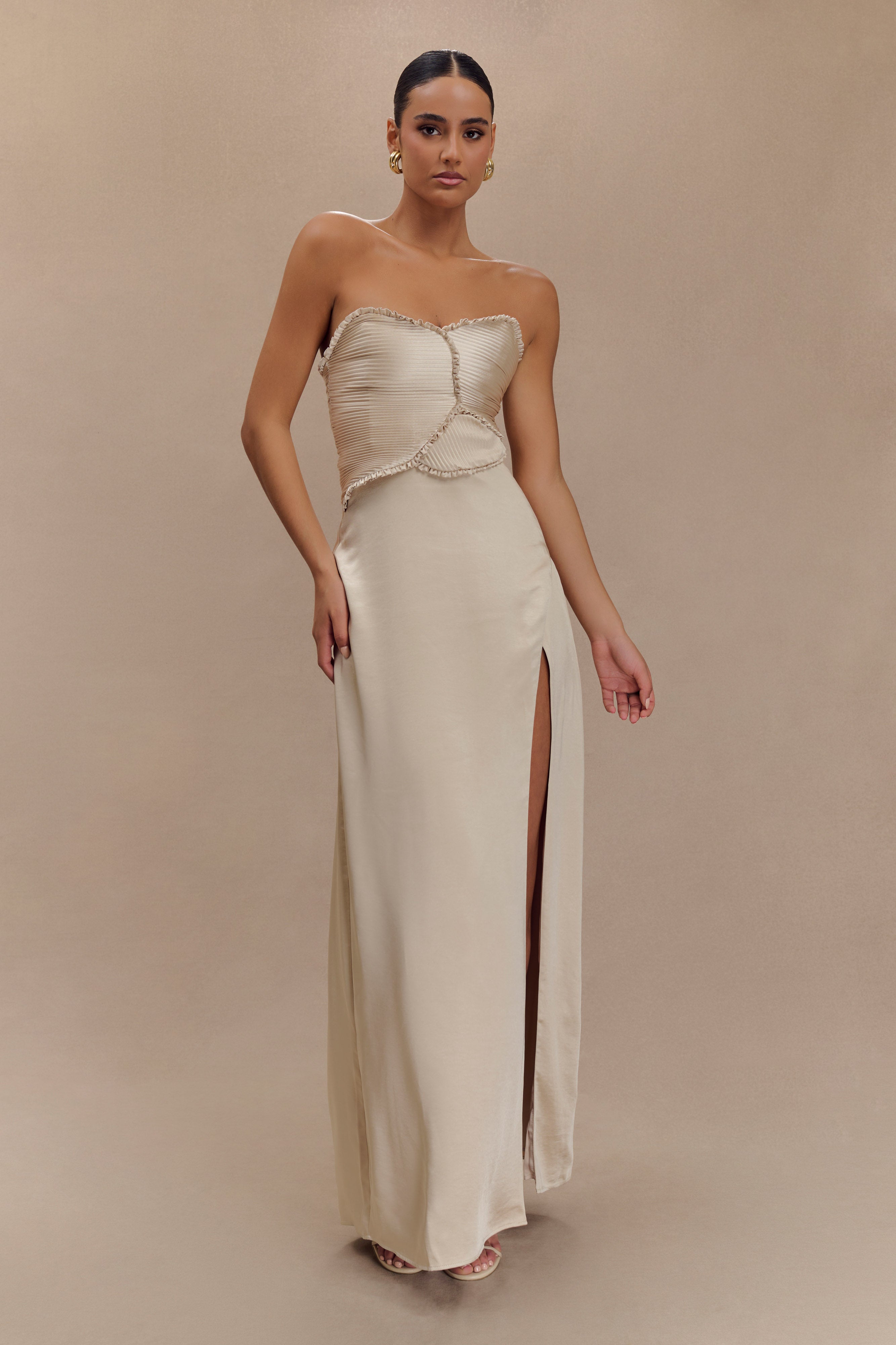 Larissa Satin Maxi Dress With Ruched Petals Champagne MESHKI US