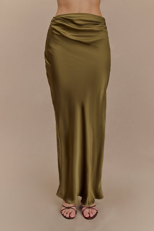 Nicola Satin Asymmetric Maxi Skirt - Basil