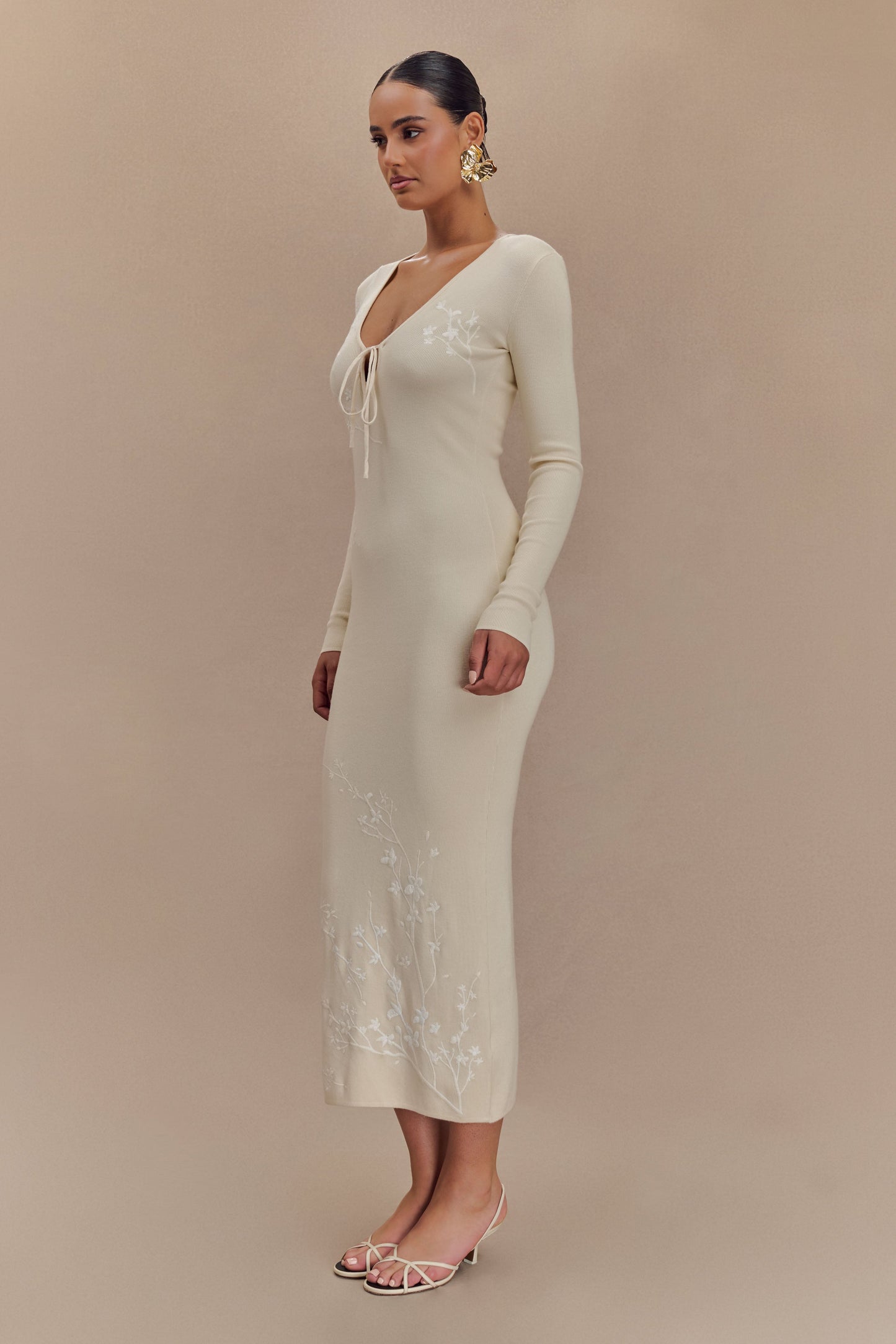 Mckenna Embroidered Knit Midi Dress - Cream And Ivory