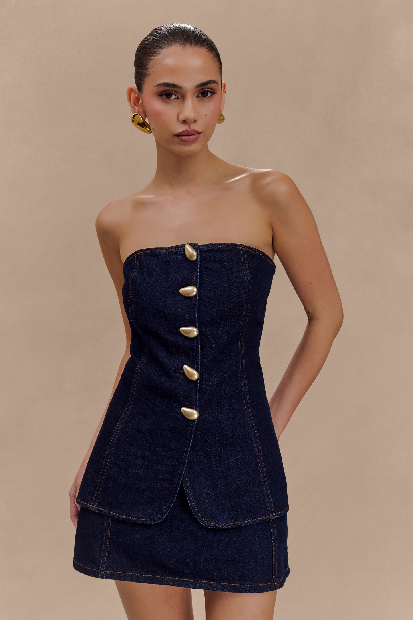 Lennox Strapless Long Line Button Top - Indigo Blue