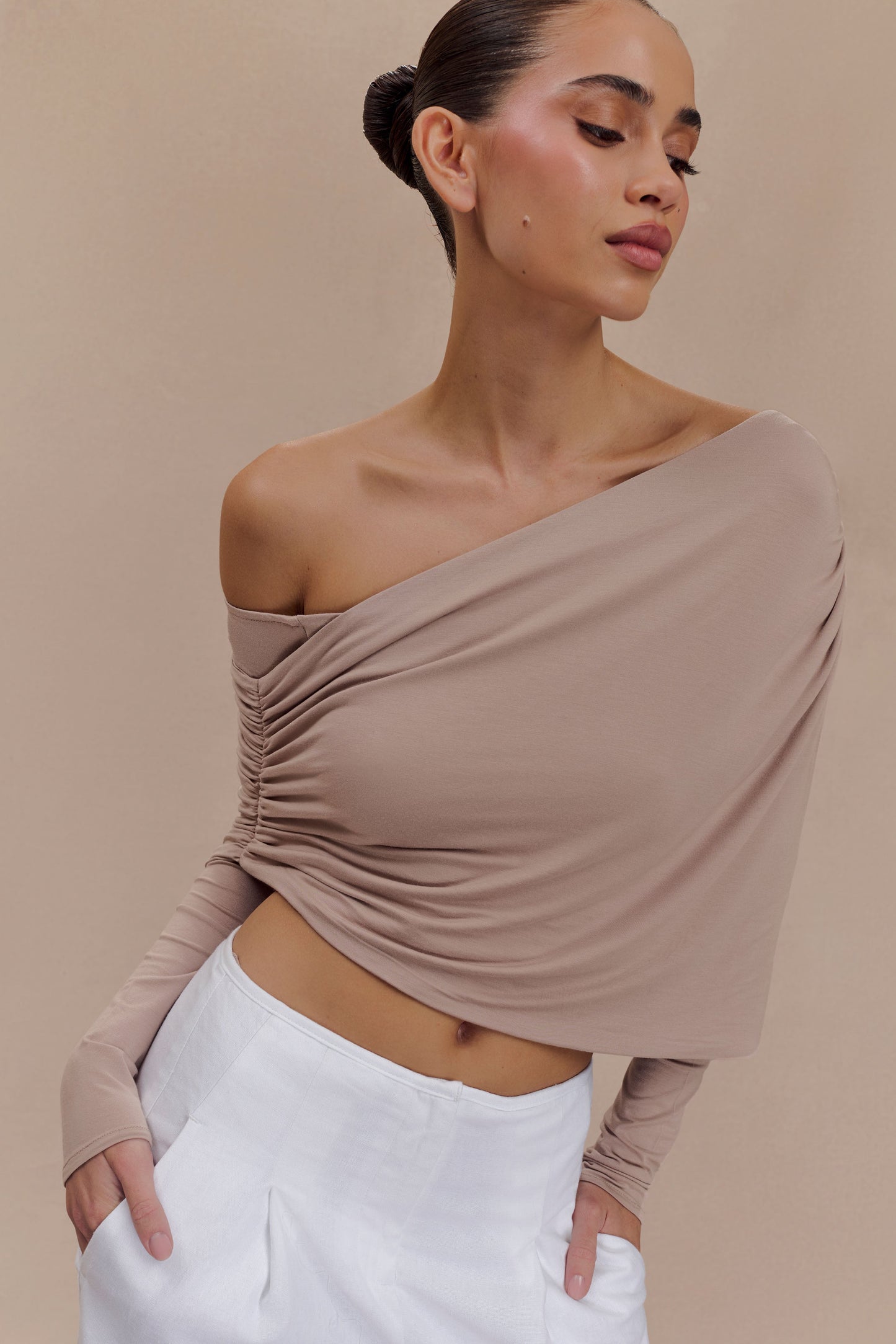 Corinna Modal One Shoulder Top - Mushroom