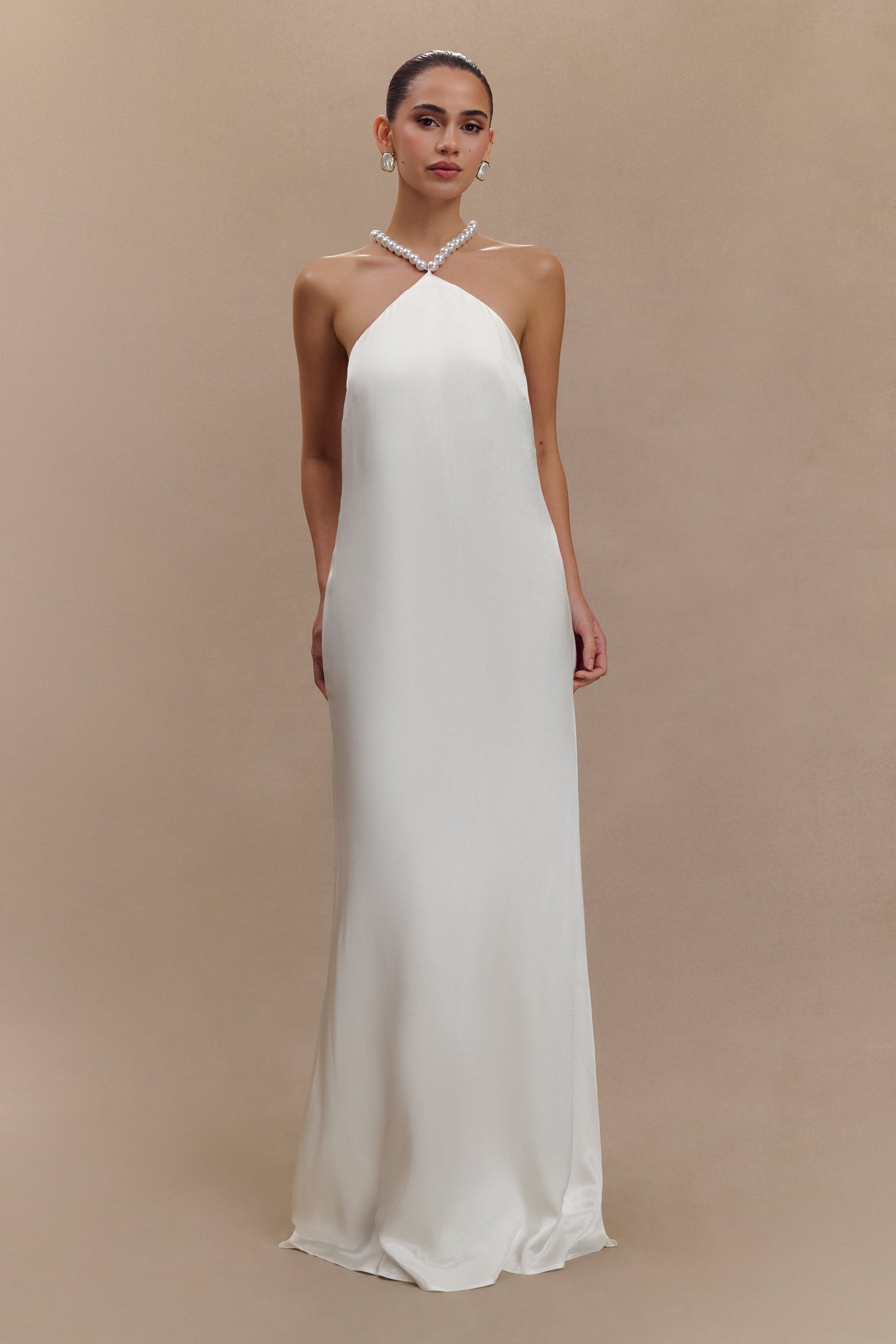 Blanche Satin Pearl Halter Maxi Dress - White