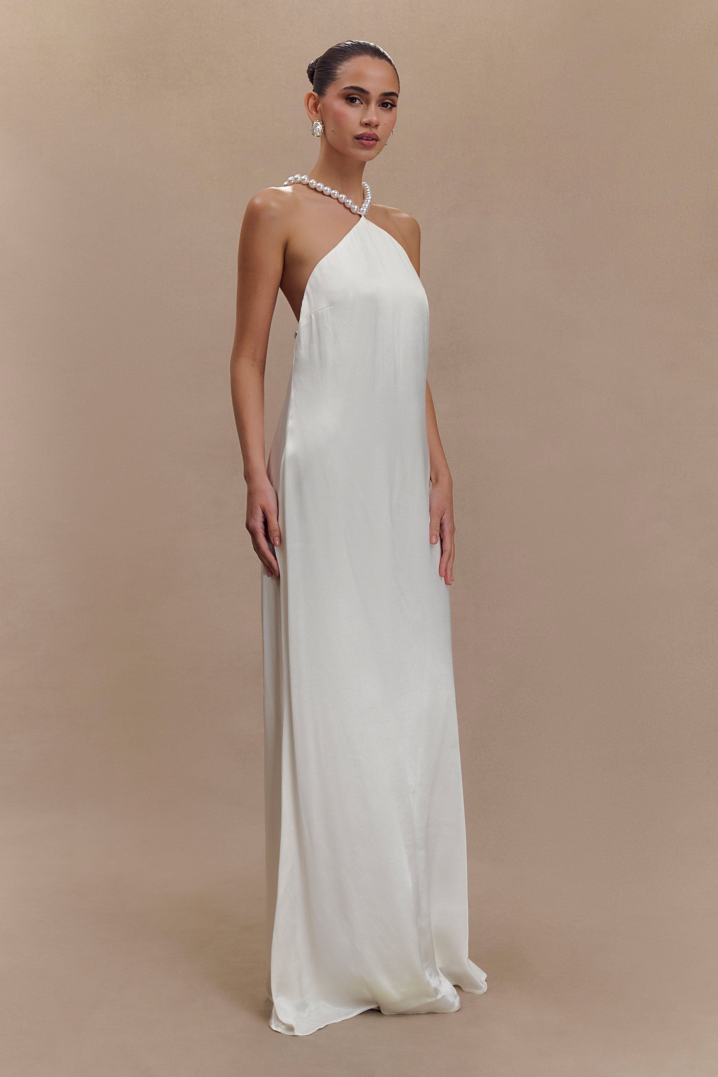 Blanche Satin Pearl Halter Maxi Dress - White