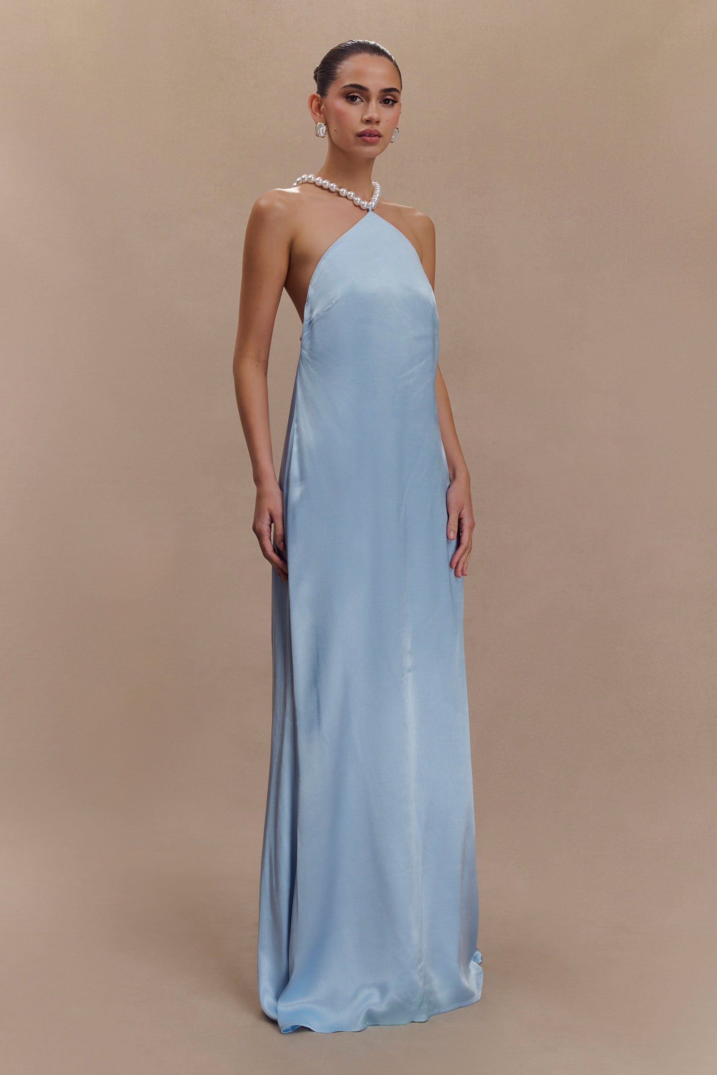 Blanche Satin Pearl Halter Maxi Dress - Cornflower Blue