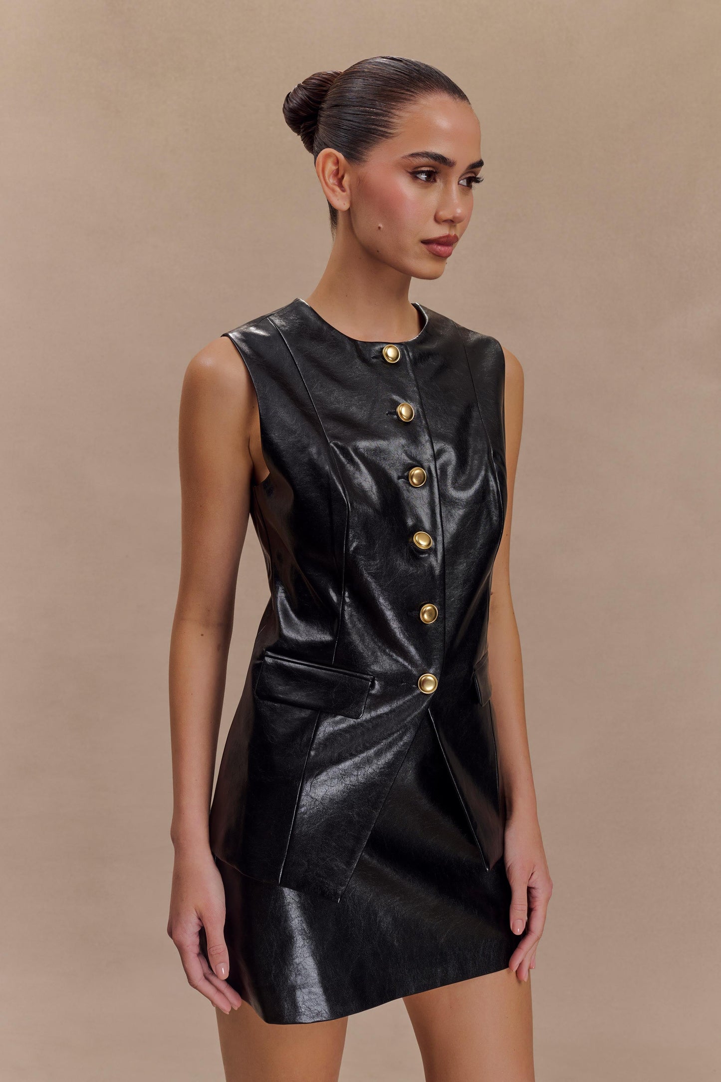 Coralia Faux Leather Sleeveless Vest - Black