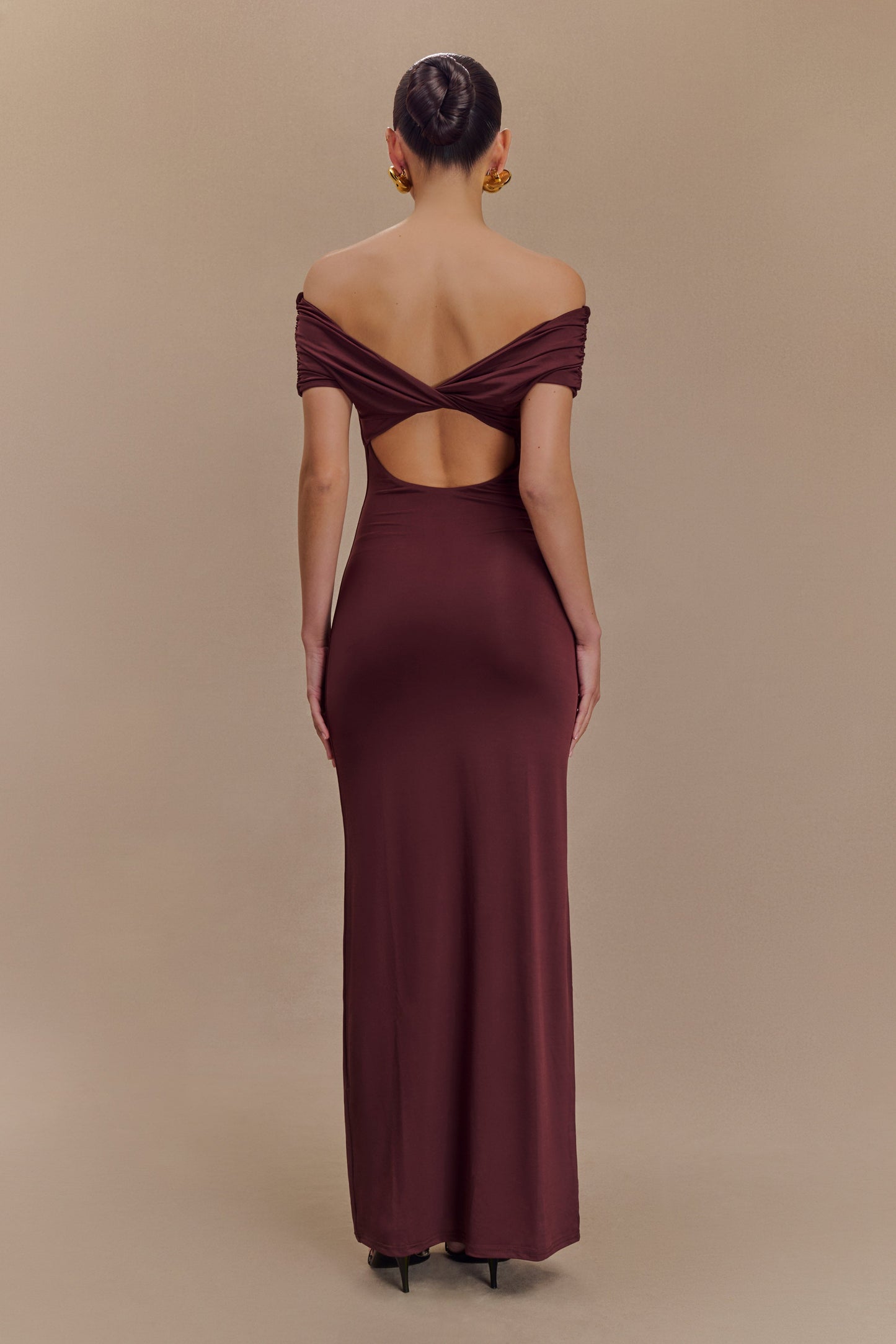 Imogen Off Shoulder Slinky Maxi Dress - Mahogany