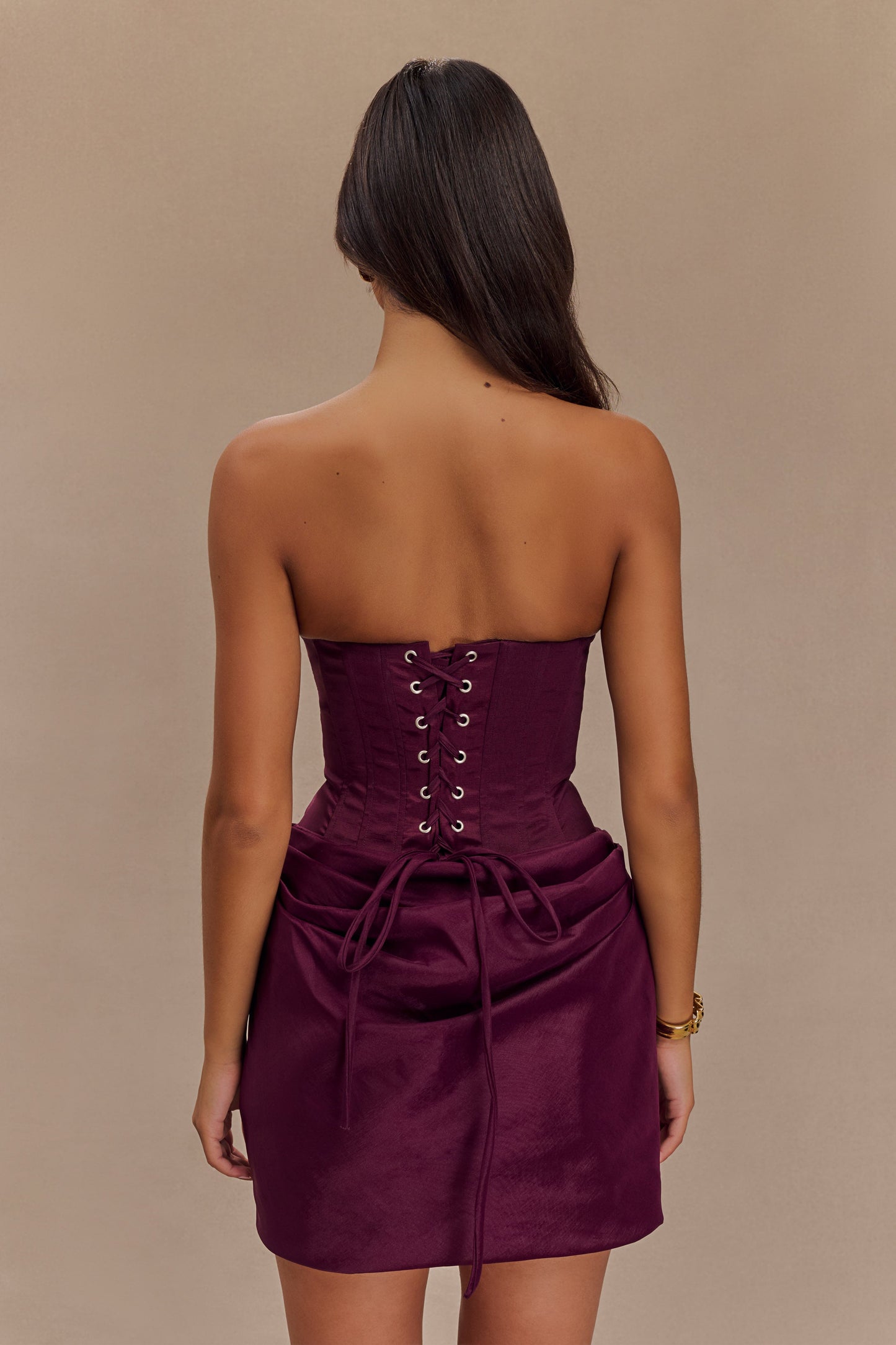 Sasha Taffeta Strapless Corset Mini Dress - Plum