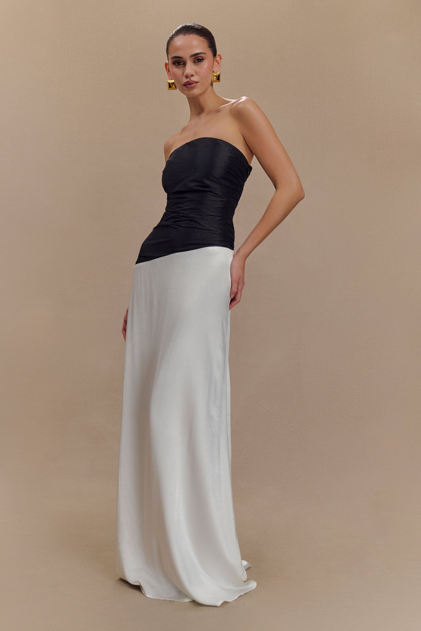 Serena Strapless Taffeta Maxi Dress - White/Black