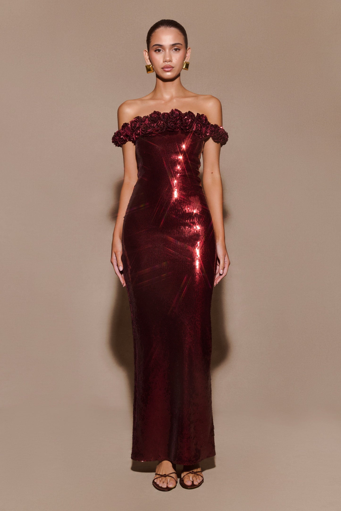 Carrie Sequin Rose Maxi Dress - Mahogany