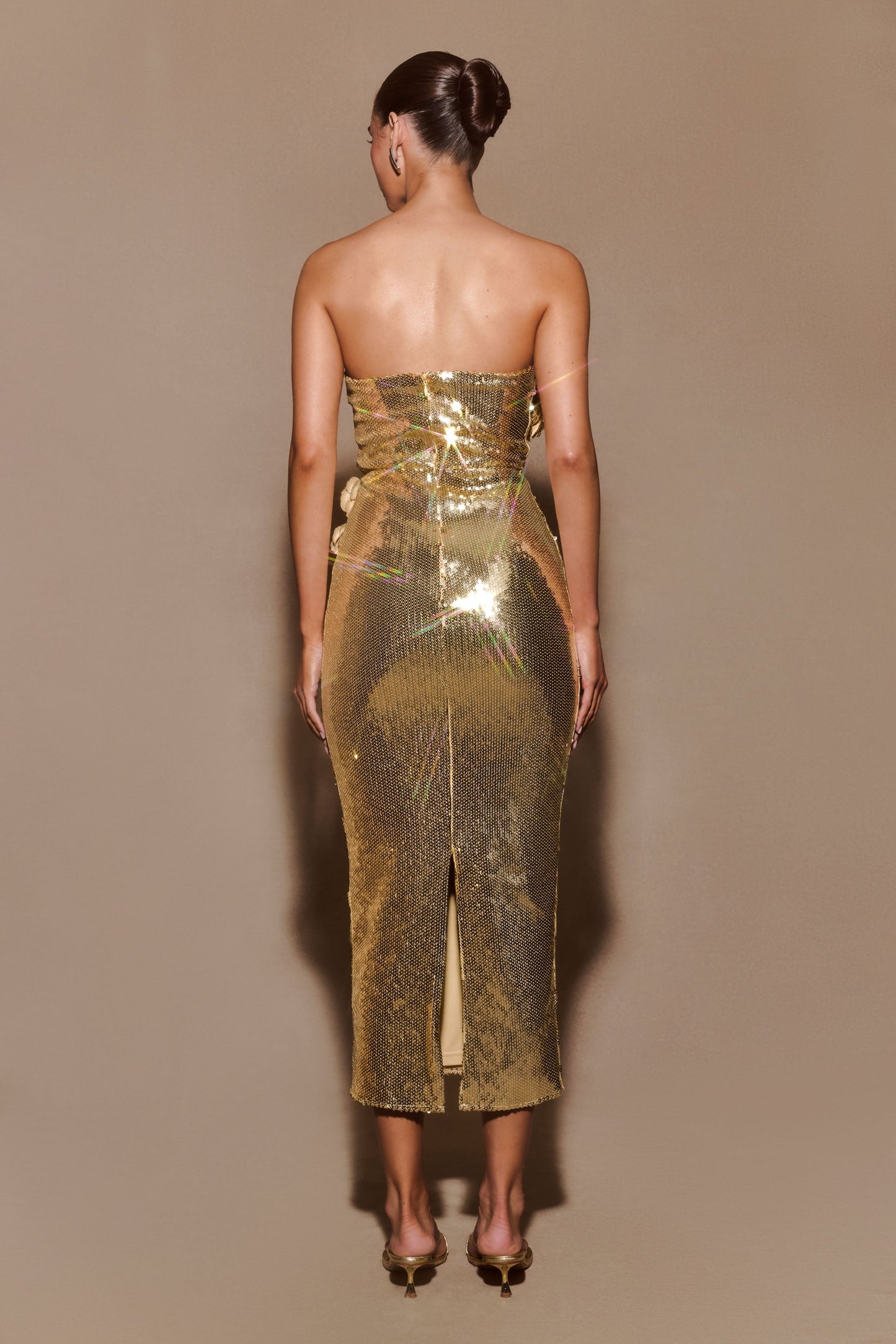 Cassia Strapless Sequin Rose Midi Dress - Gold