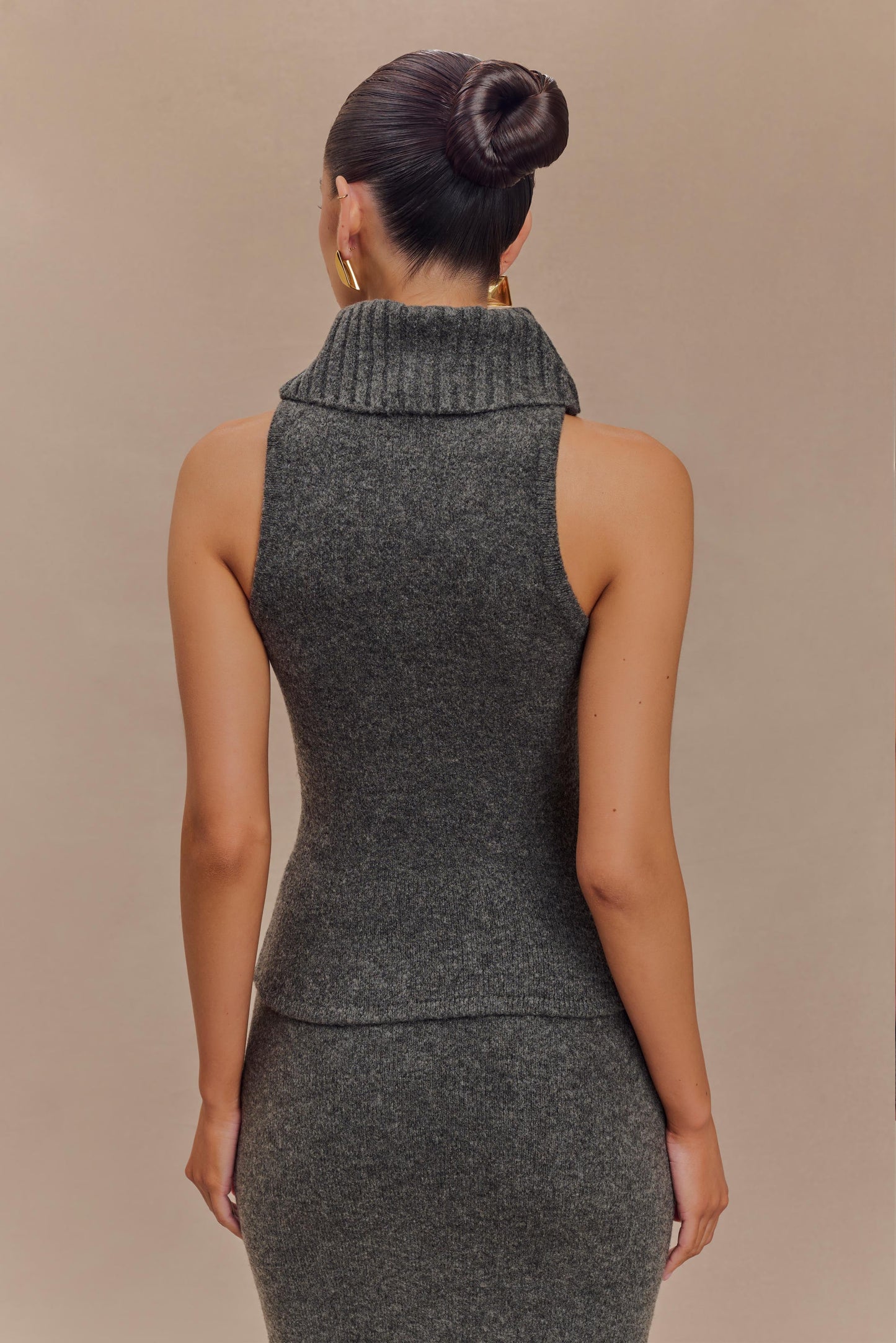 Elise Roll Neck Knit Top - Charcoal Marle