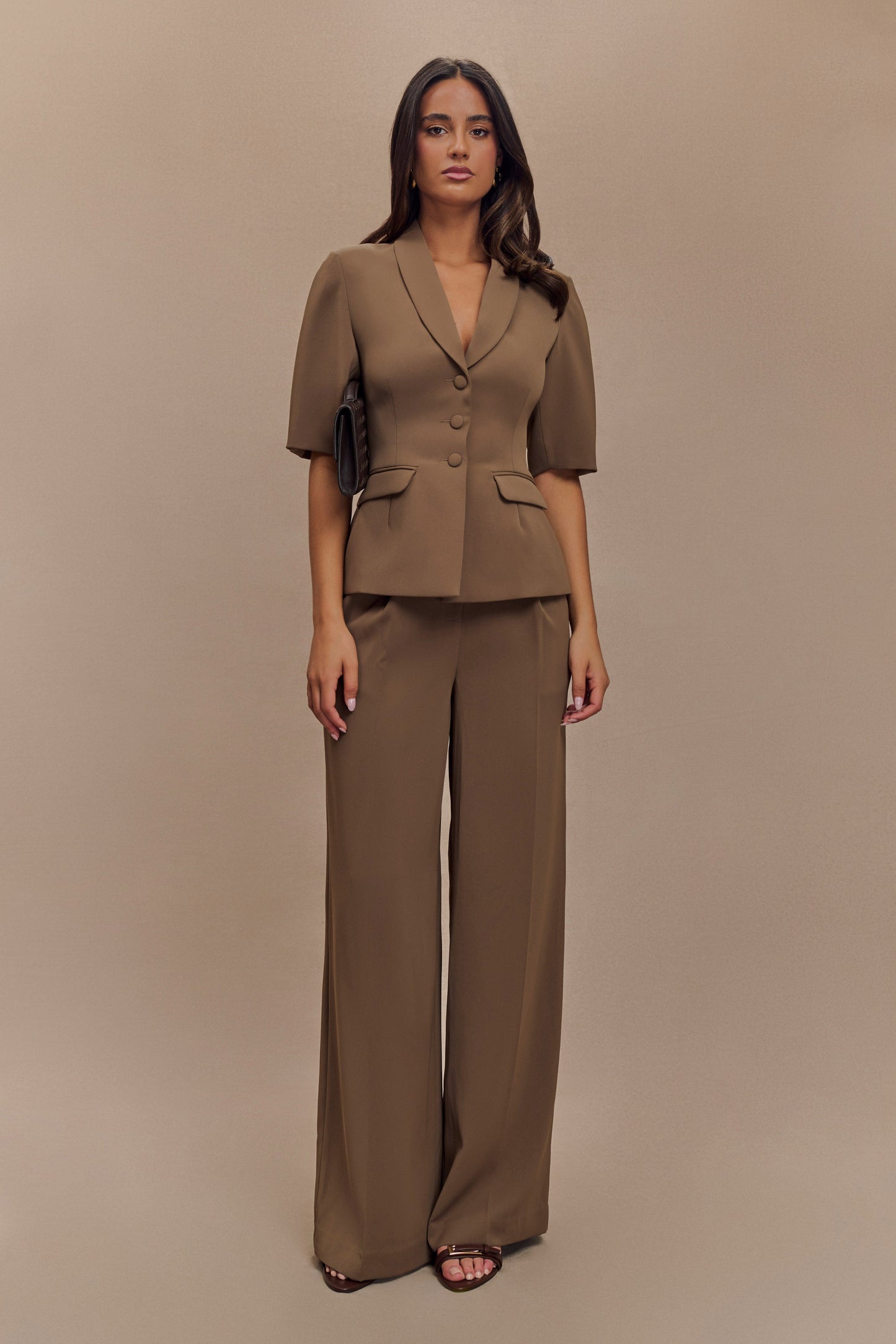 Opal Puff Sleeve Suiting Top - Cacao Brown