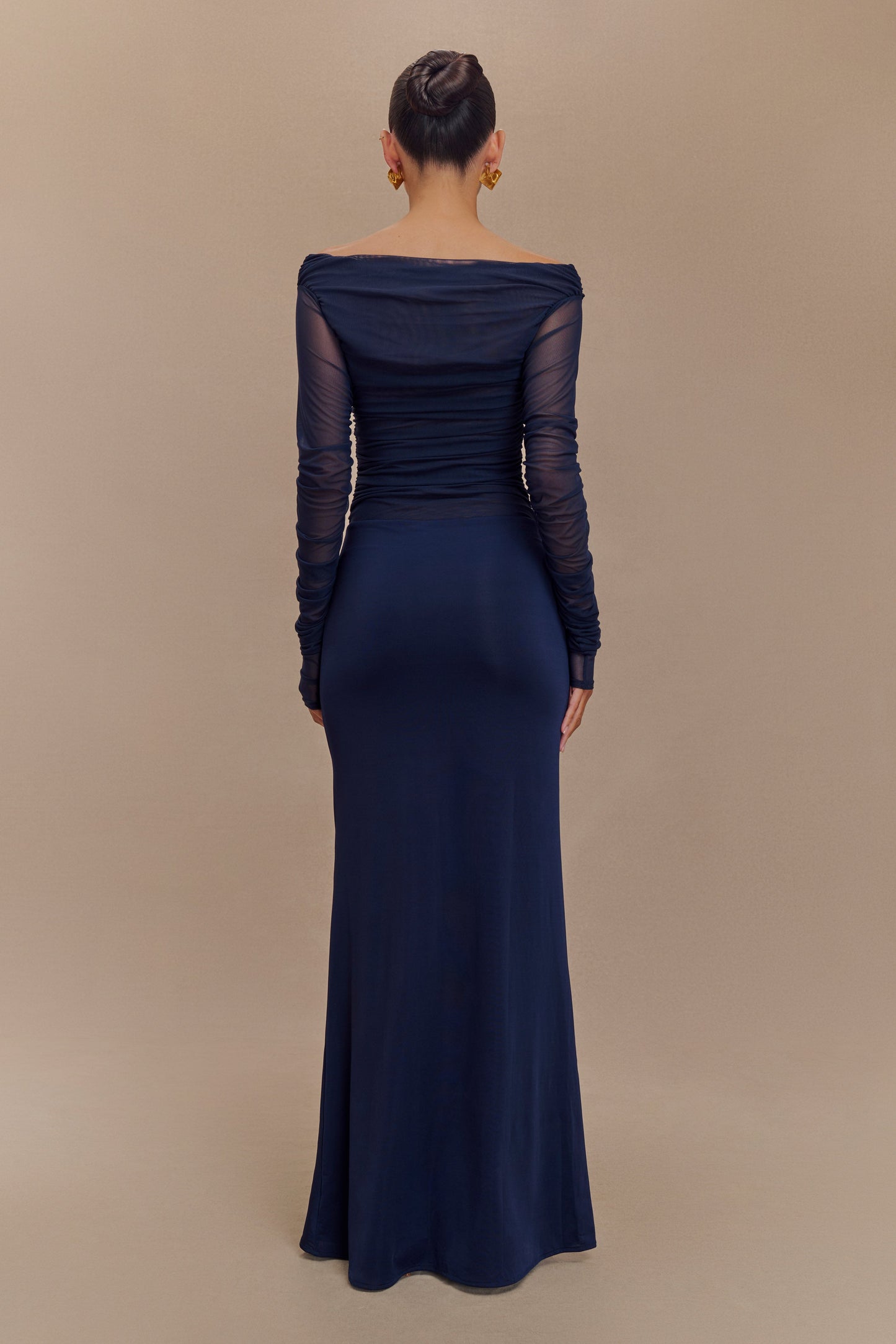 Darla Mesh And Slinky Off Shoulder Maxi Dress - Dark Navy