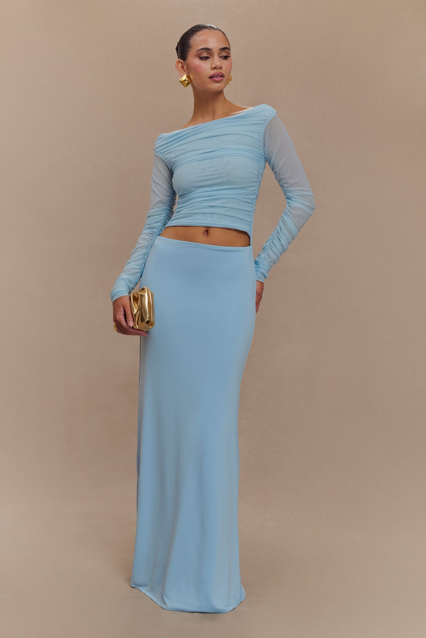 Darla Mesh And Slinky Off Shoulder Maxi Dress - Sky Blue