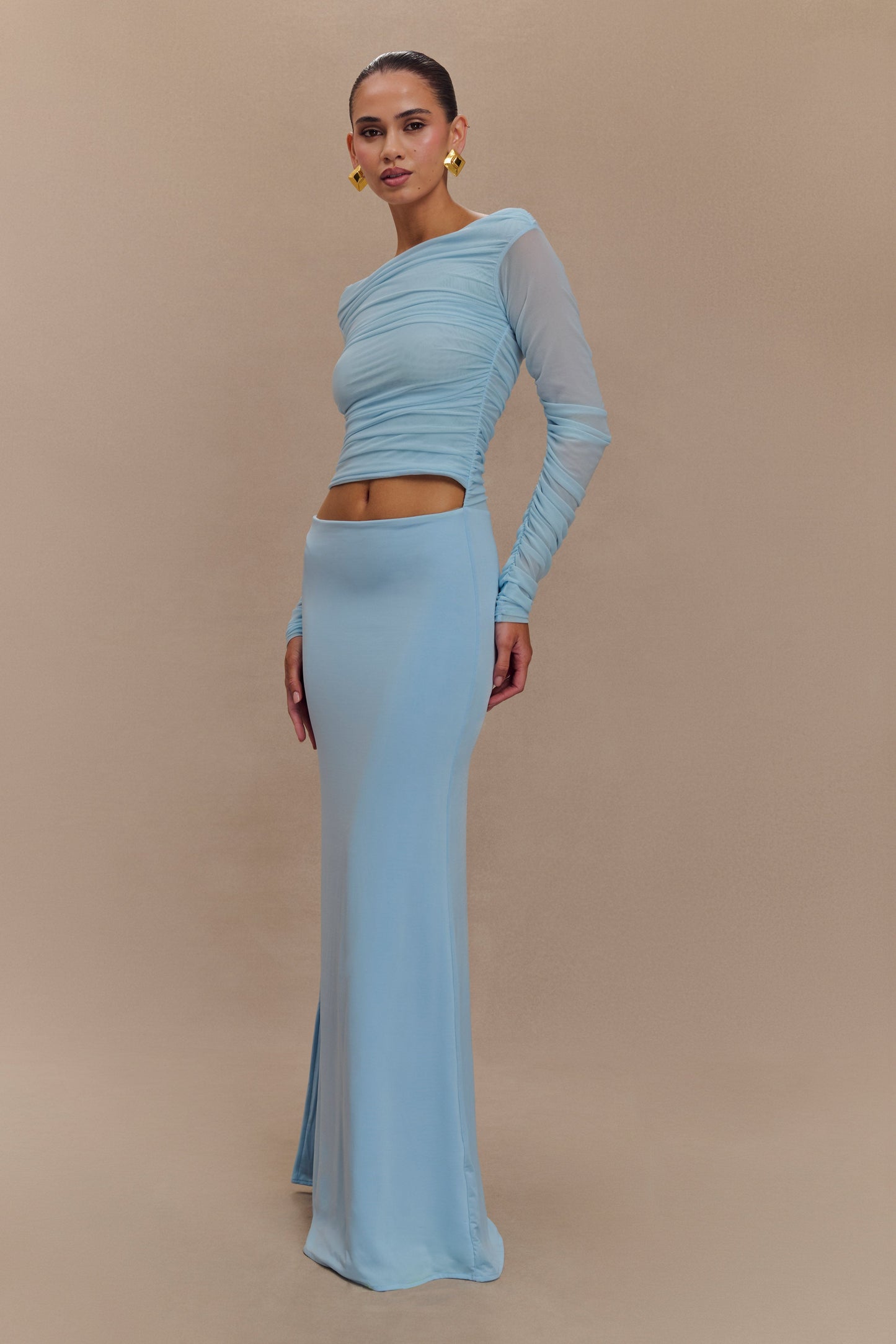 Darla Mesh And Slinky Off Shoulder Maxi Dress - Sky Blue