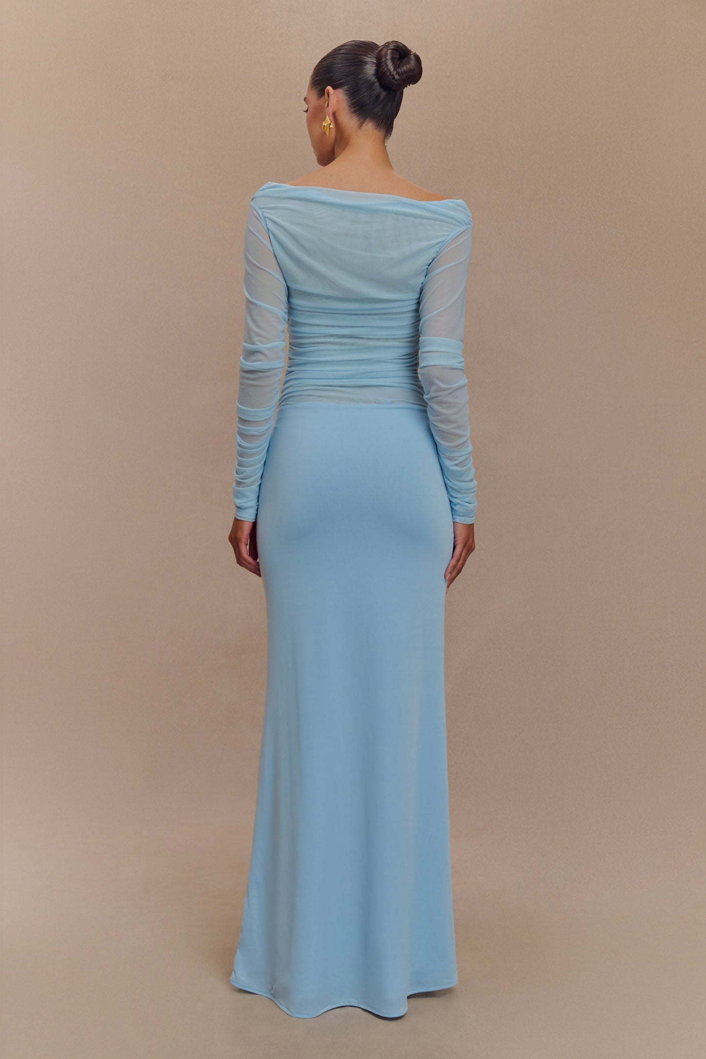 Darla Mesh And Slinky Off Shoulder Maxi Dress - Sky Blue