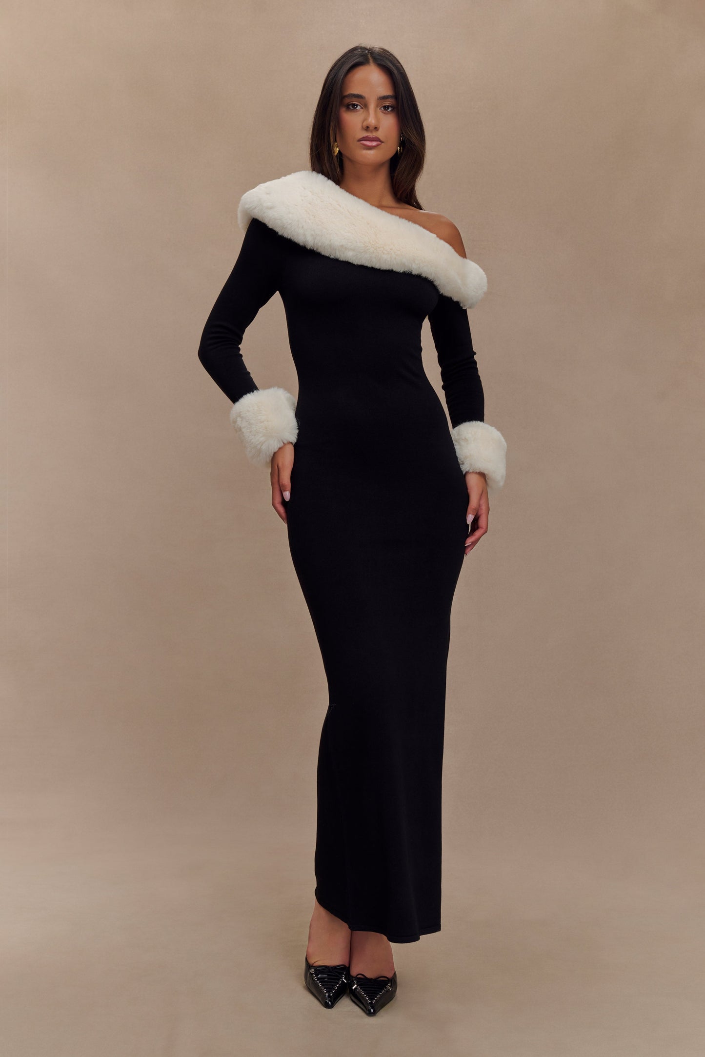 Karleigh Faux Fur Knit Maxi Dress - Black/White