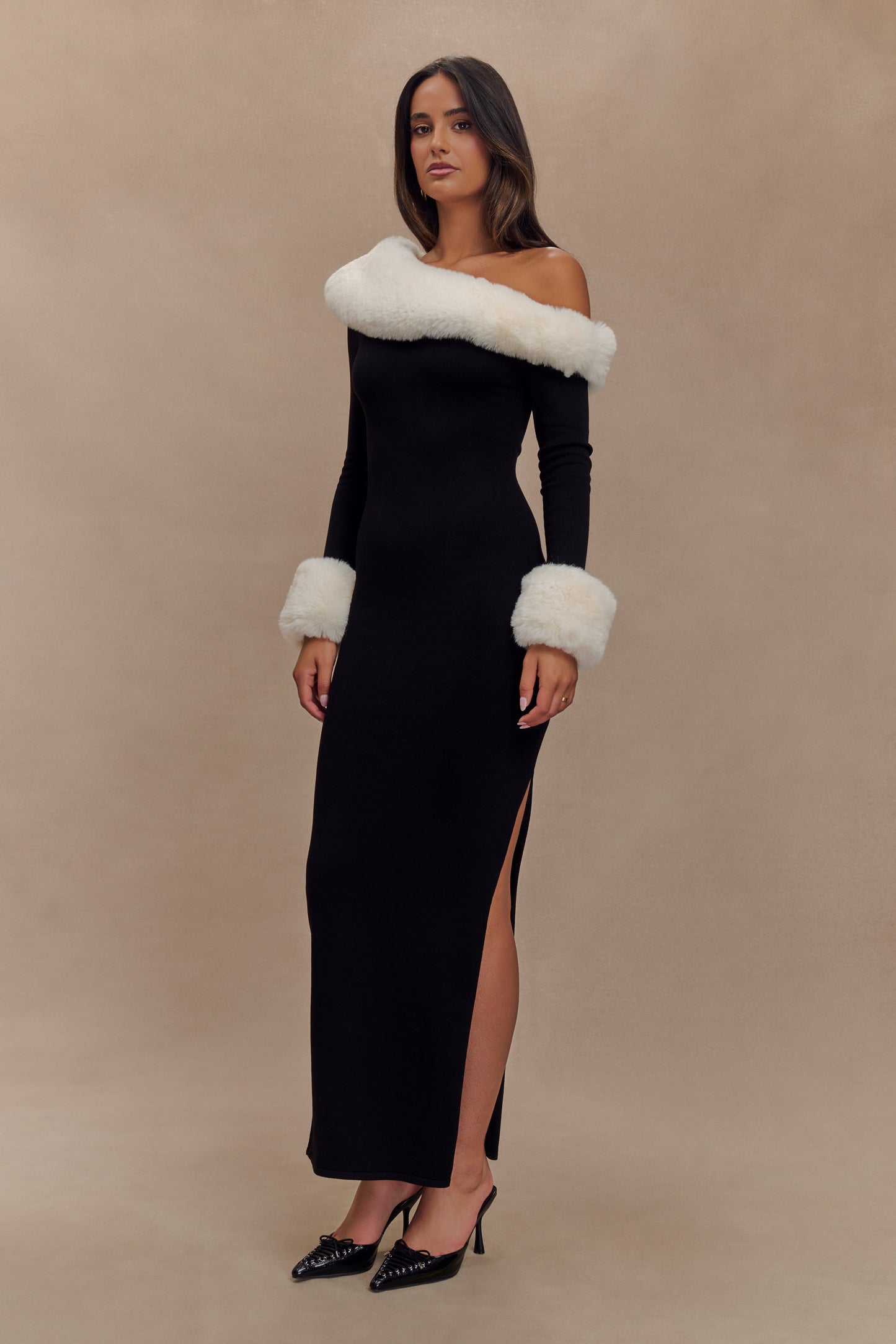 Karleigh Faux Fur Knit Maxi Dress - Black/White