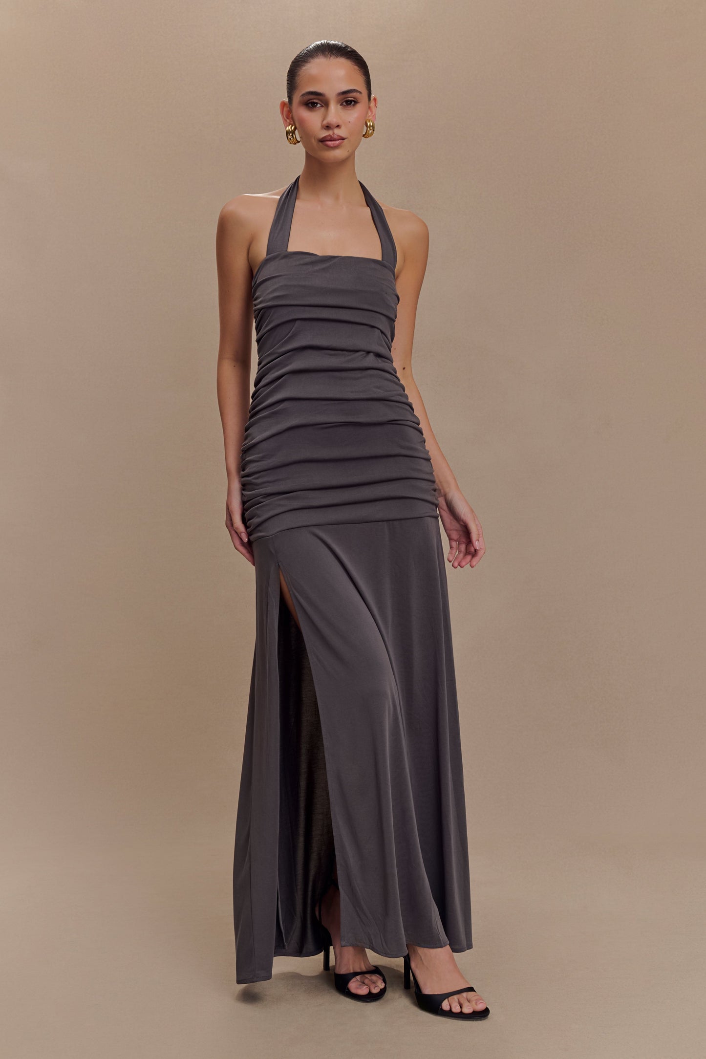 Bentley Peached Jersey Halter Maxi Dress - Charcoal