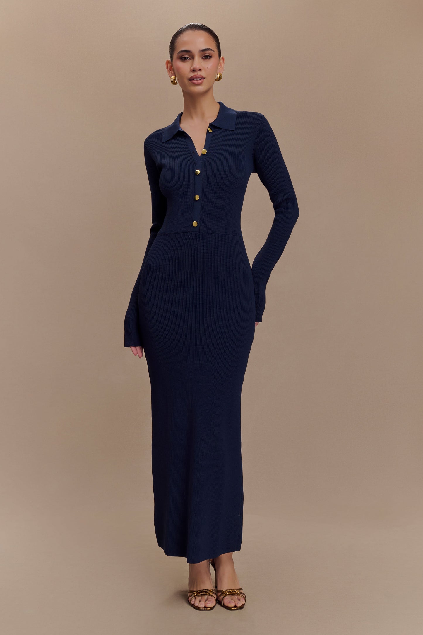 Abbey Buttoned Knit Midi Dress - Navy