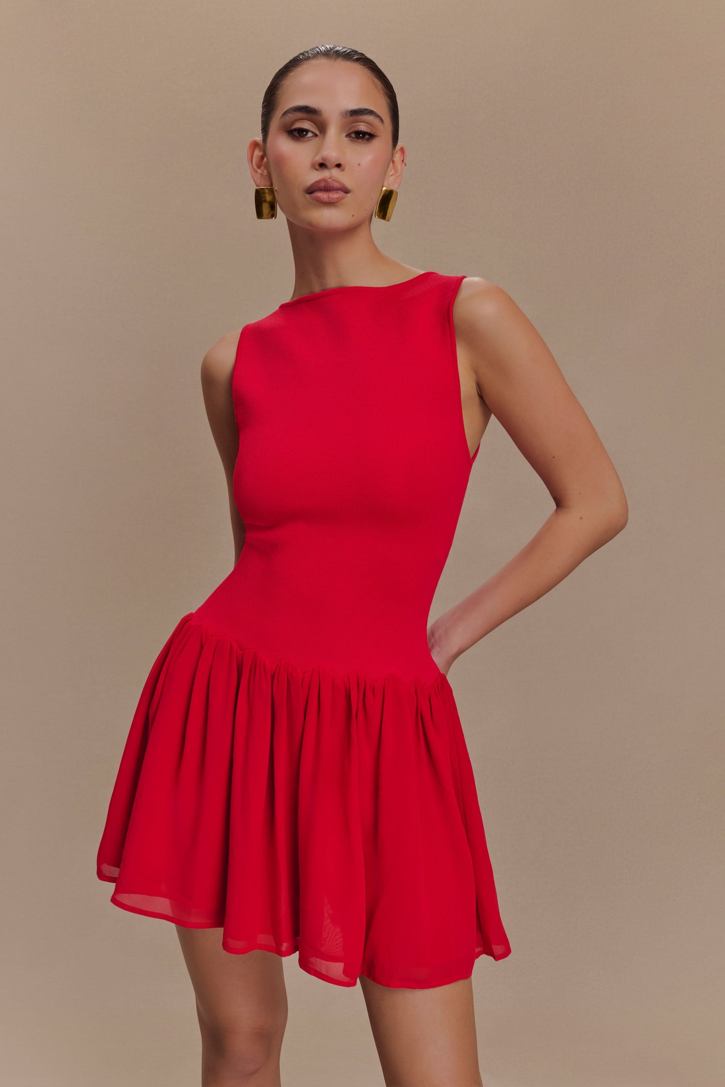 Ashleigh Knit And Chiffon Mini Dress - Red