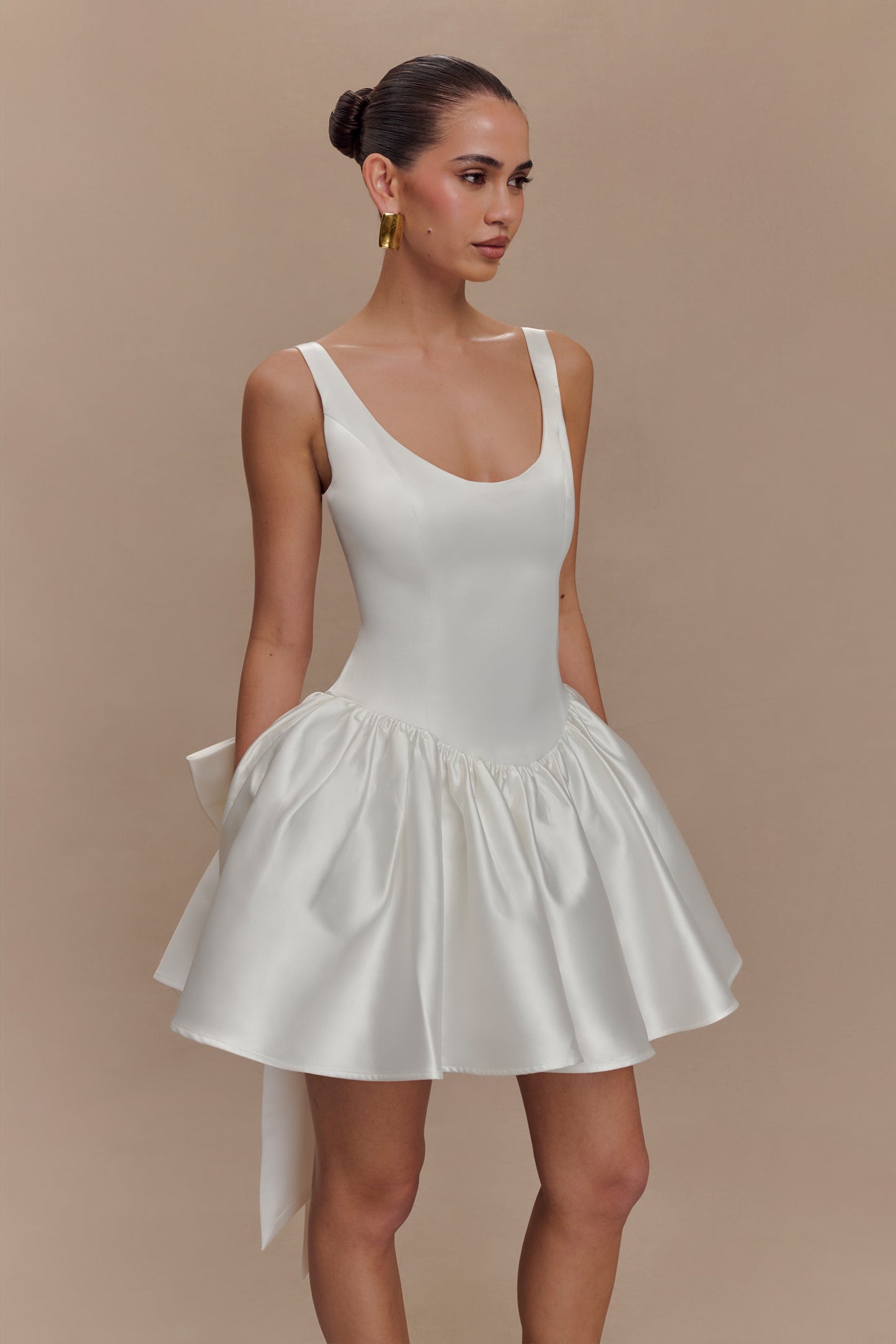 Felicia Satin Mini Dress With Bow - White