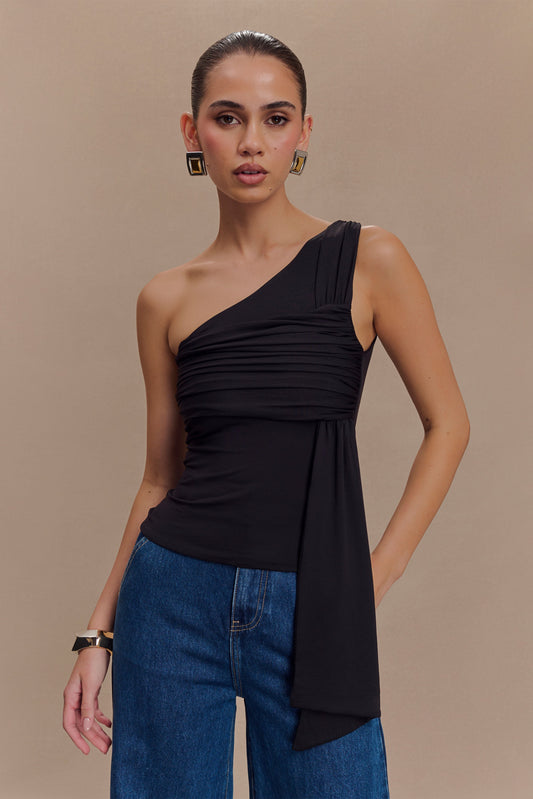 Sera One Shoulder Recycled Nylon Top With Drape - Black