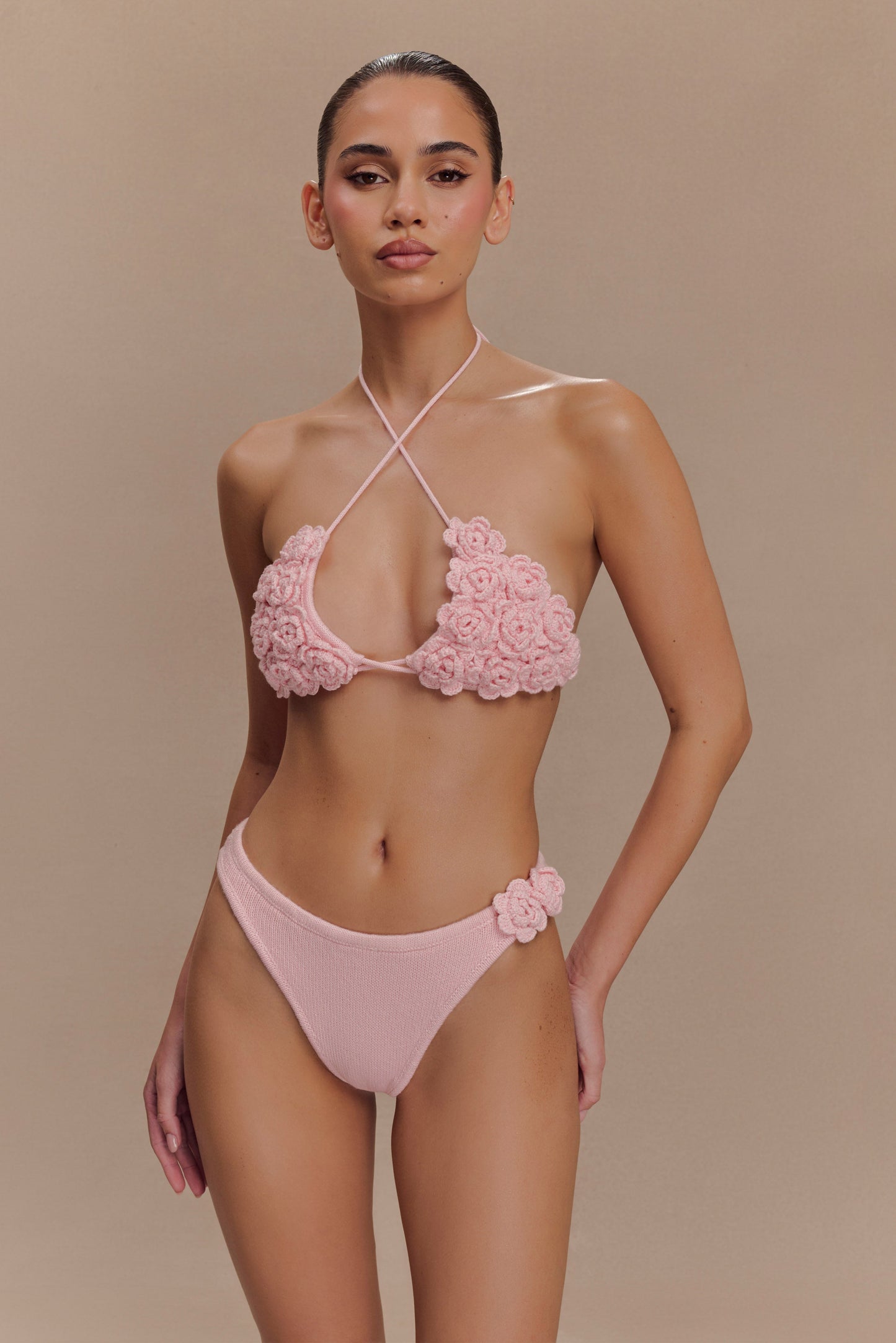 Aesha Floral Crochet Bikini Top - Pale Pink