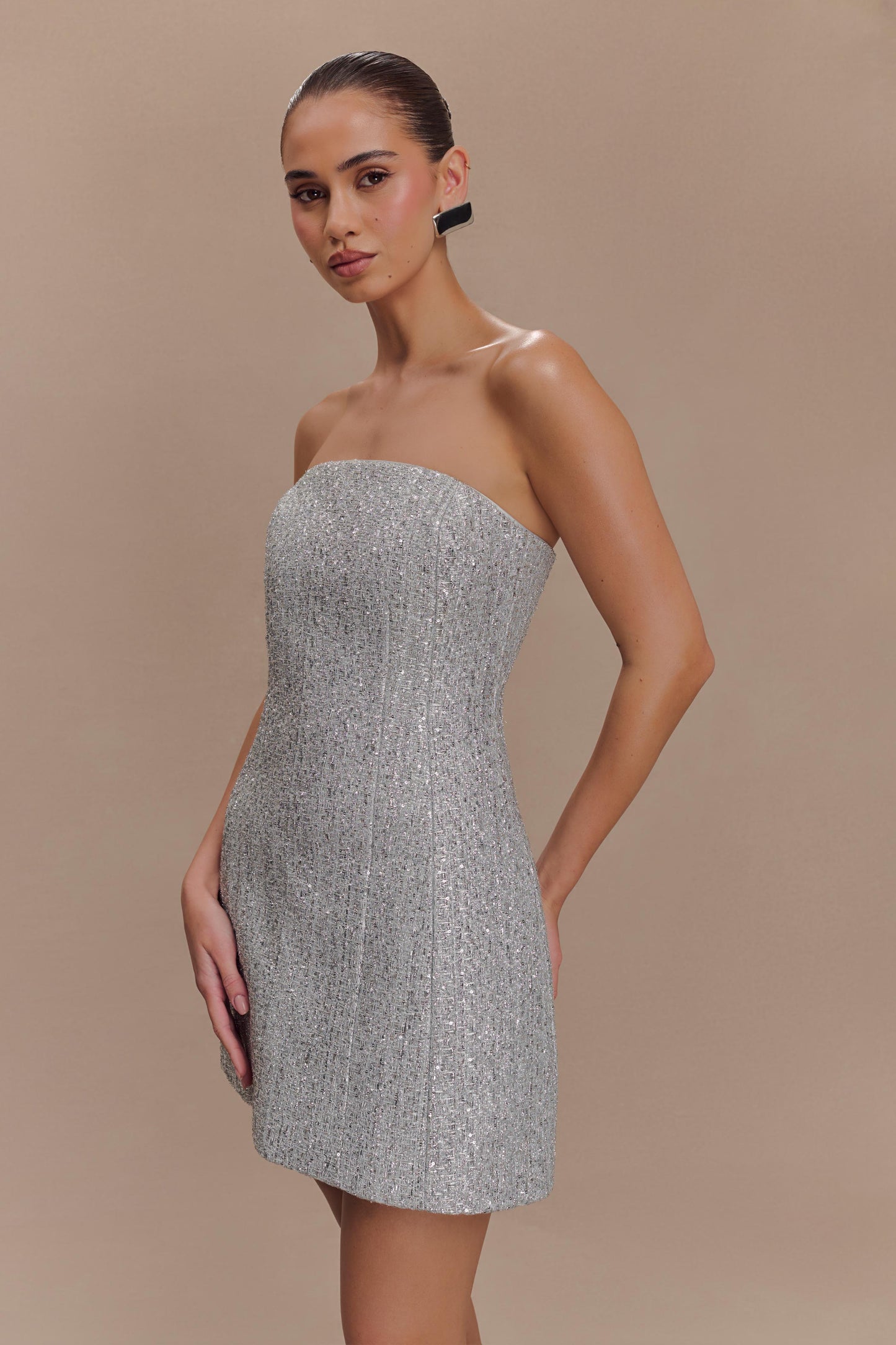 Gala Strapless Tweed Mini Dress - Silver