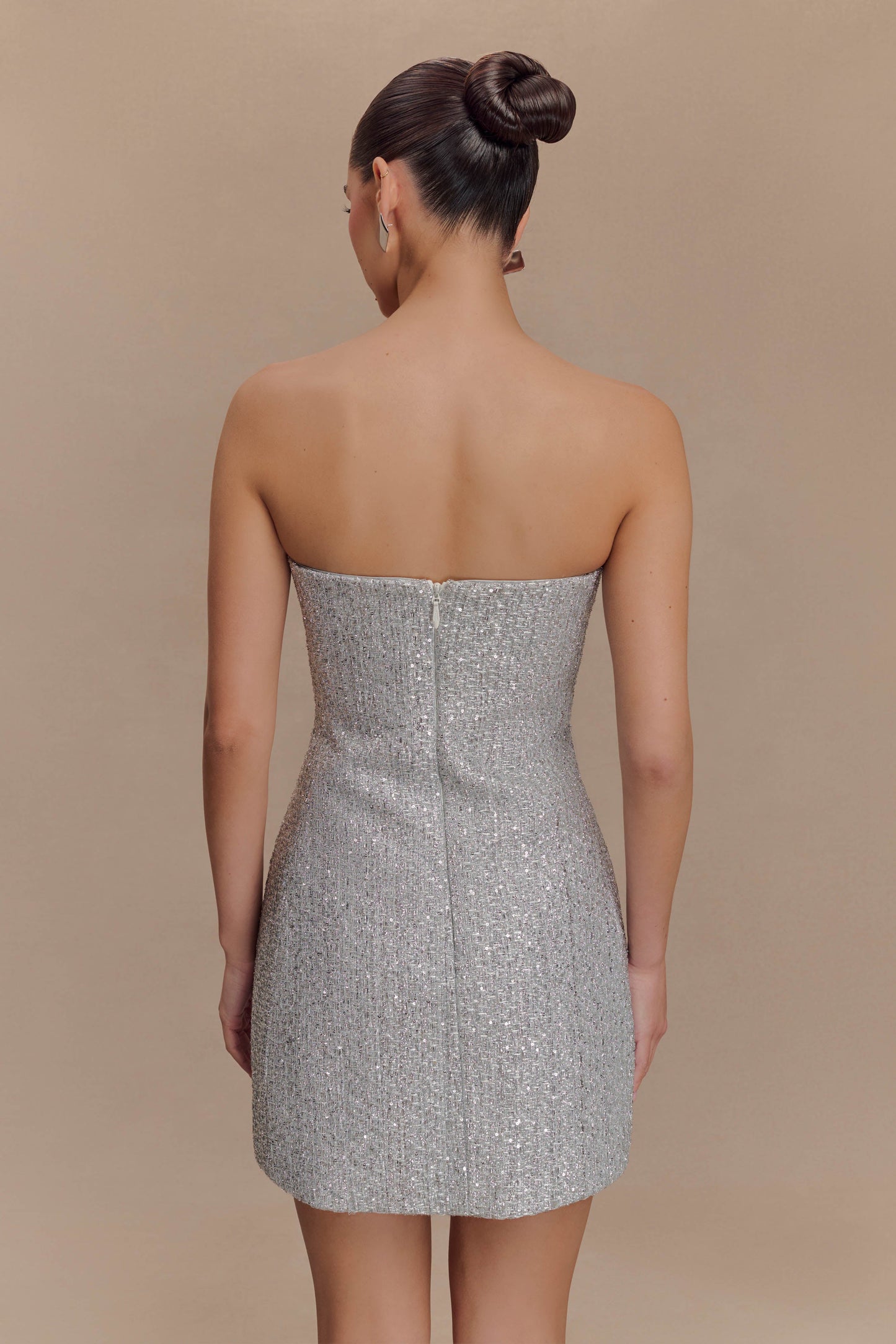 Gala Strapless Tweed Mini Dress - Silver