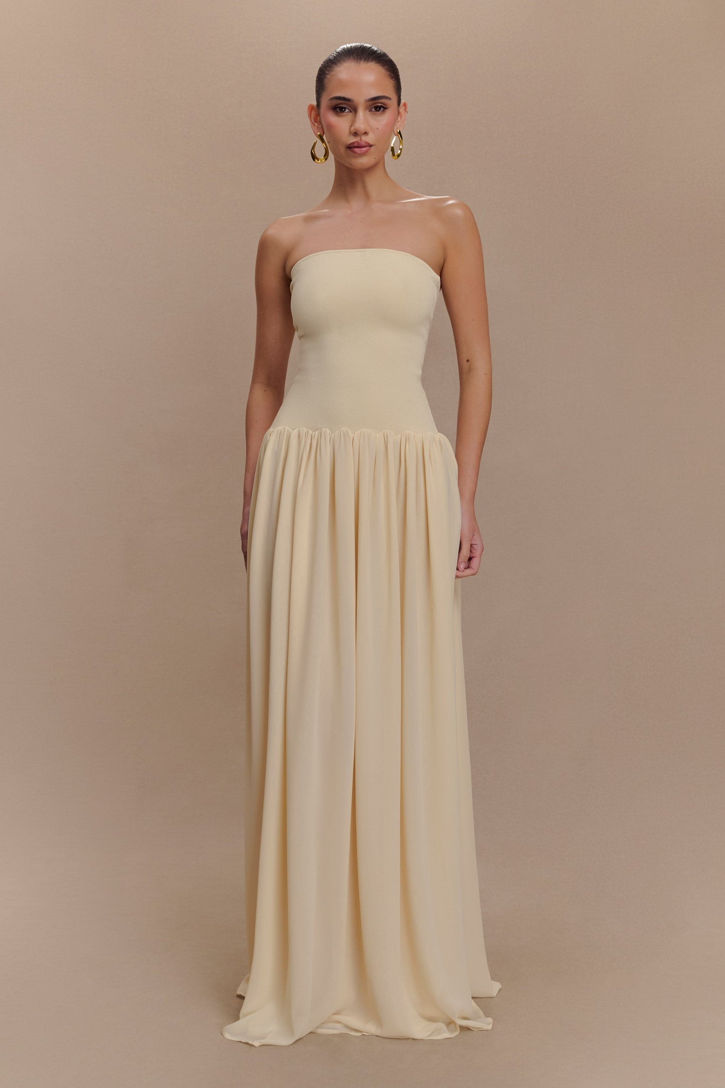 Lyanna Knit And Chiffon Strapless Maxi Dress - Cream