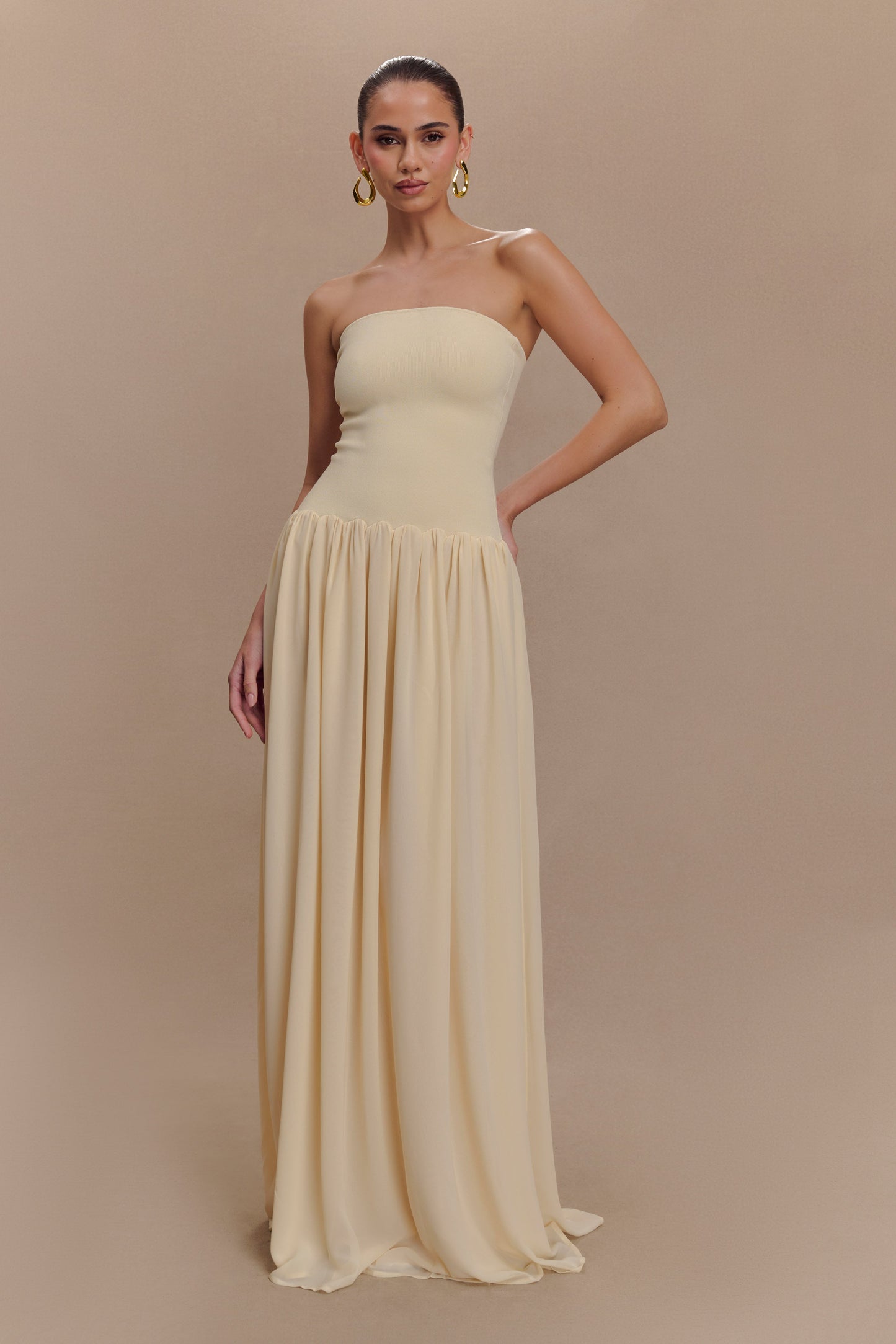 Lyanna Knit And Chiffon Strapless Maxi Dress - Cream