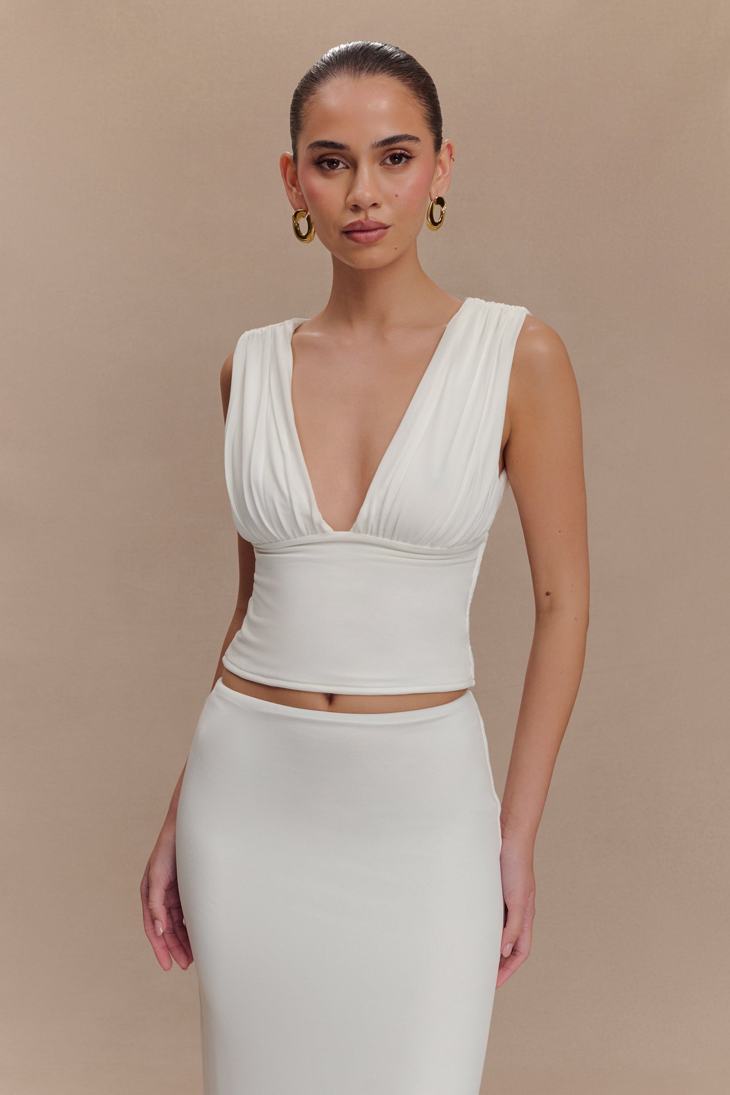 Kerrigan Slinky Ruched Sleeveless Top - White