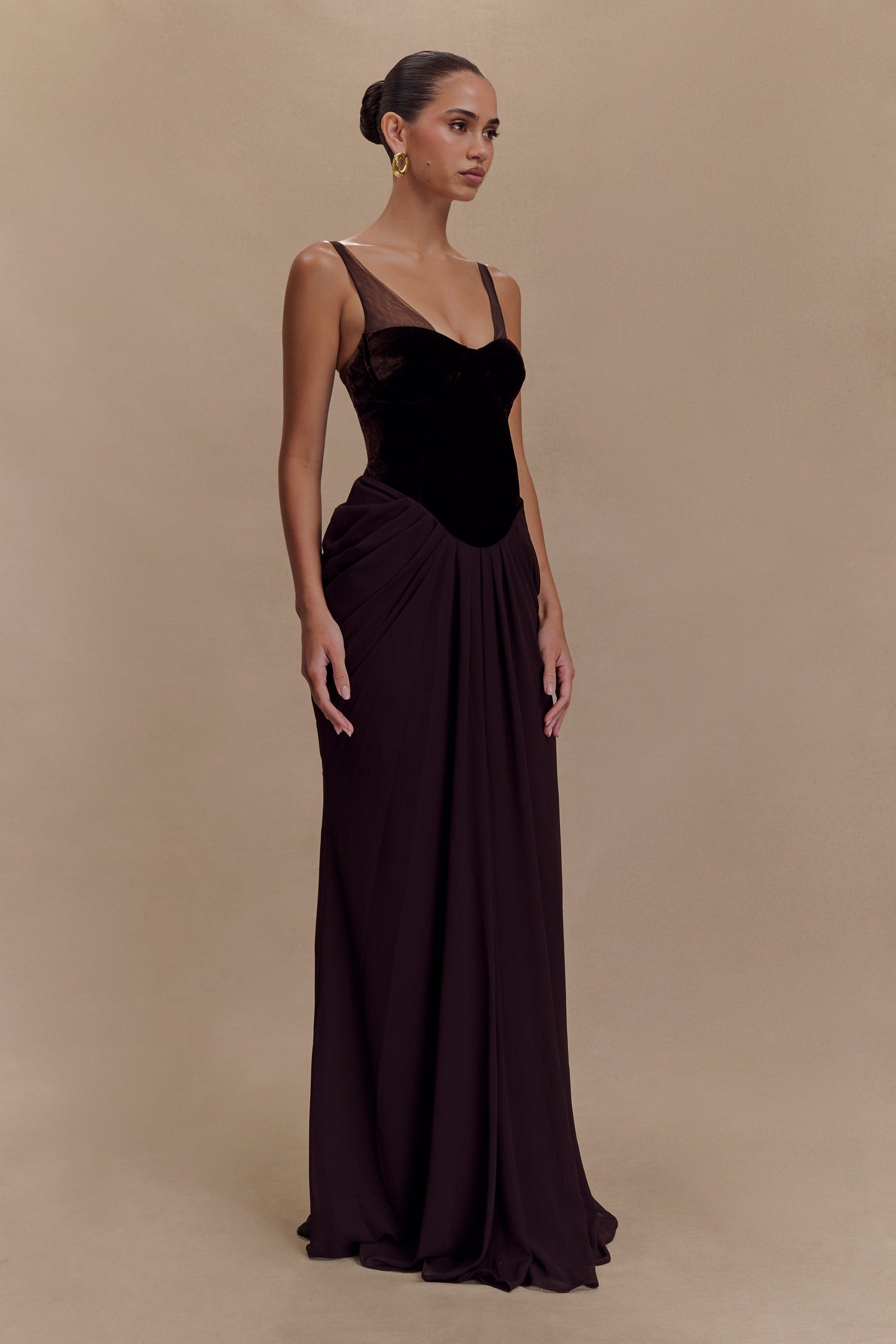 Roxanne Velvet Corset Maxi Dress - Cacao Brown