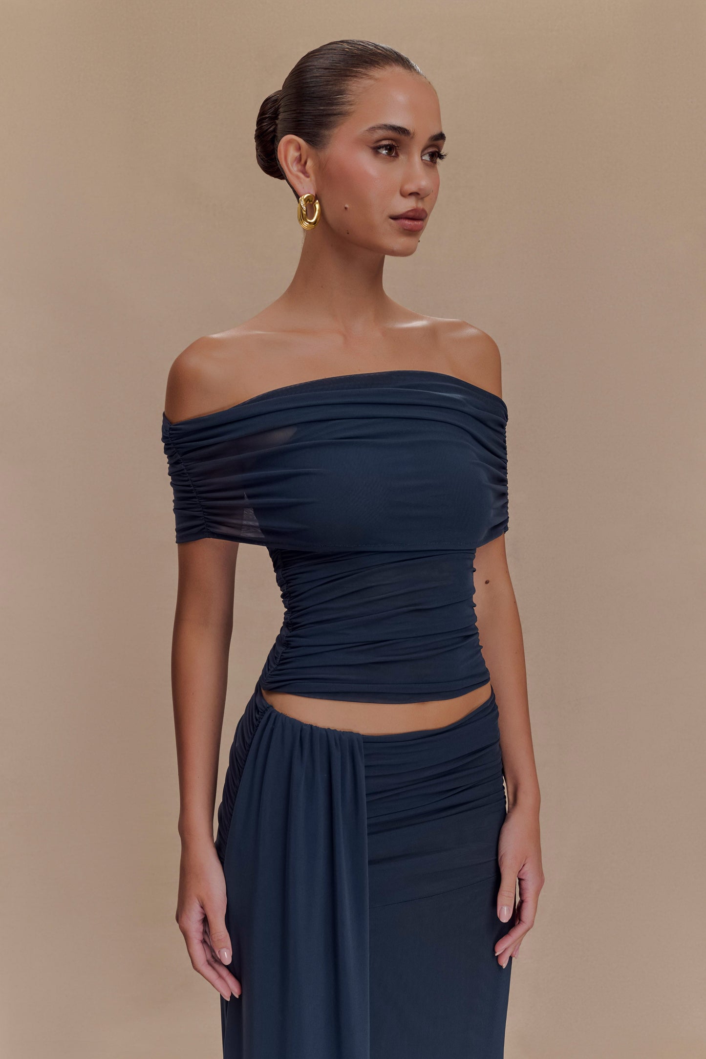 Arna Off Shoulder Mesh Crop Top - Midnight Blue