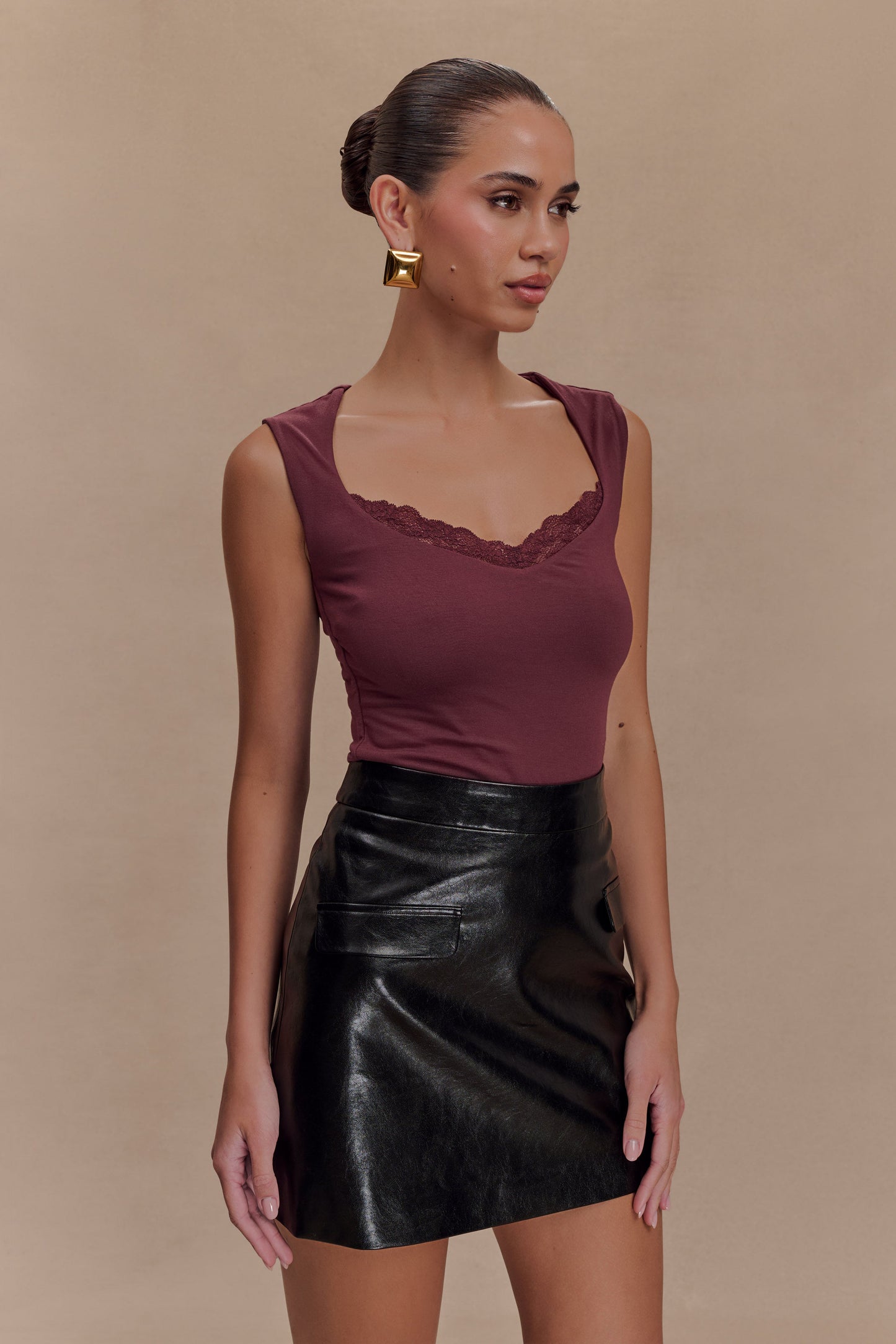 Tatianna Lace Trim Modal Top - Mahogany