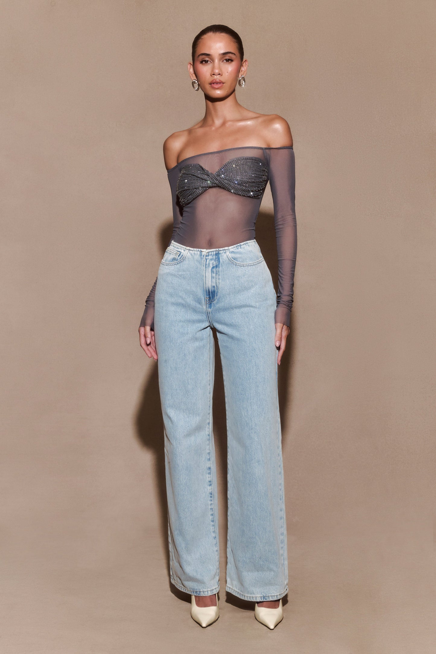 Garcelle Diamante Off Shoulder Top - Gunmetal