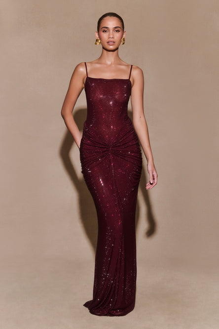 Roisin Diamante Satin Maxi Dress - Mahogany