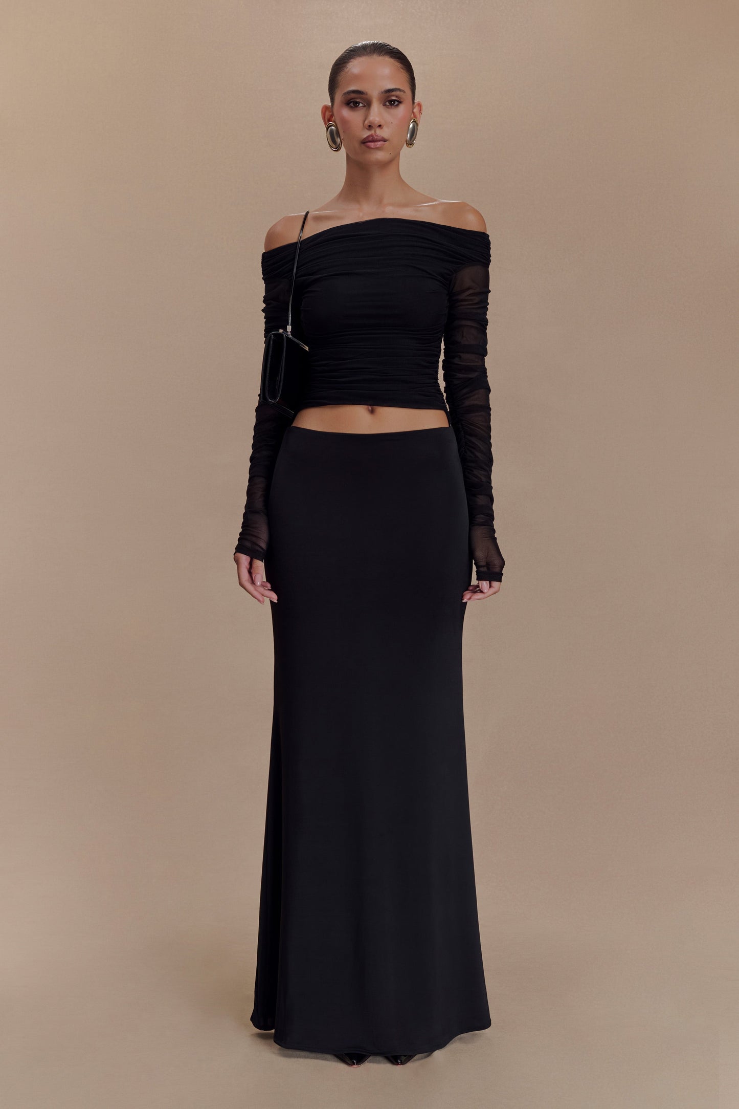 Darla Mesh And Slinky Off Shoulder Maxi Dress - Black